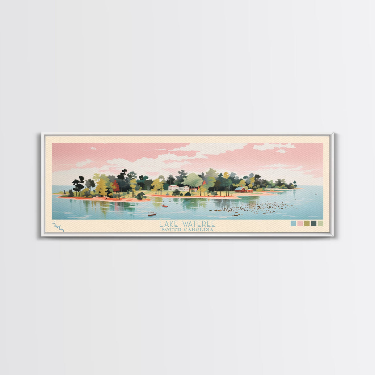 Lake Wateree, South Carolina Panoramic Wall Art Framed Canvas Print, Midcentury Modern, Pop Art, Home Decor, Travel Poster, Living Room Art