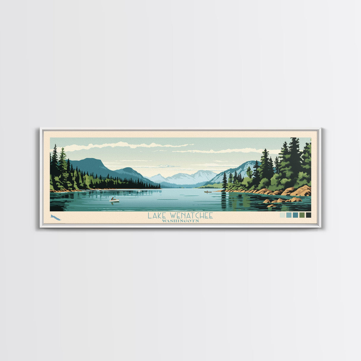 Lake Wenatchee, Washington Panoramic Wall Art Framed Canvas Print, Midcentury Modern, Pop Art, Home Decor, Travel Poster, Bedroom Art