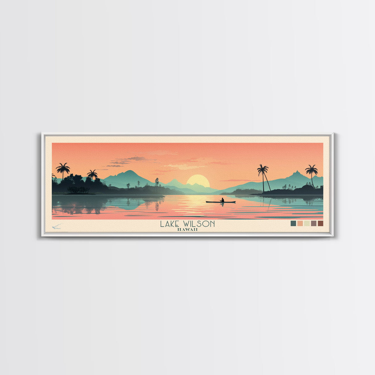 Lake Wilson, Hawaii Panoramic Wall Art Framed Canvas Print, Midcentury Modern, Pop Art, Home Decor, Travel Poster, Living Room Art