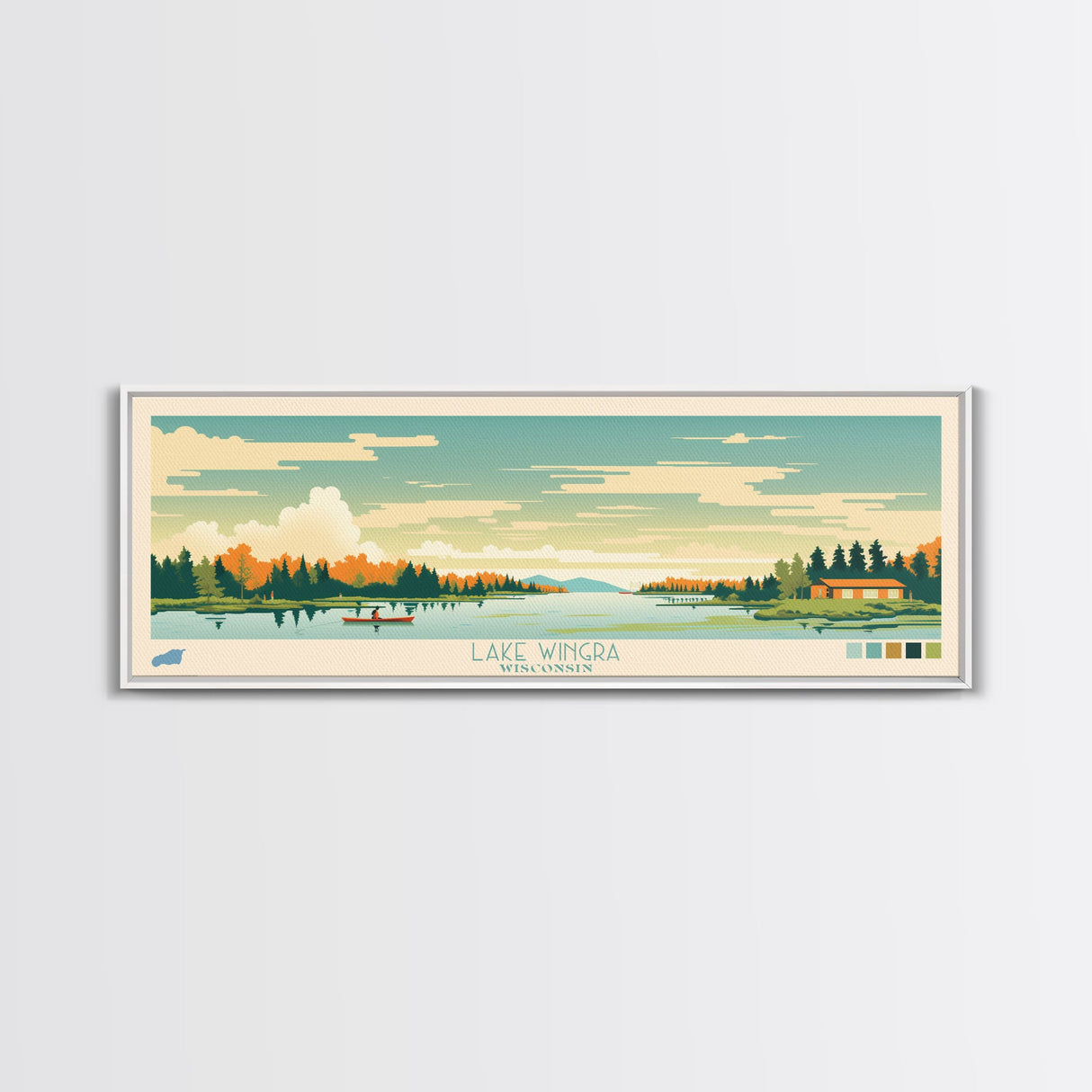 Lake Wingra, Wisconsin Panoramic Wall Art Framed Canvas Print, Midcentury Modern, Pop Art, Home Decor, Travel Poster, Bedroom Art