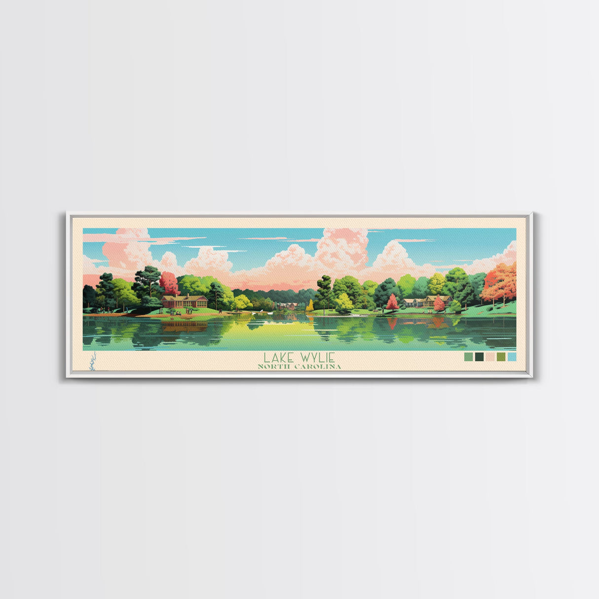 Lake Wylie, North Carolina Panoramic Wall Art Framed Canvas Print, Midcentury Modern, Pop Art, Home Decor, Travel Poster, Bedroom Art