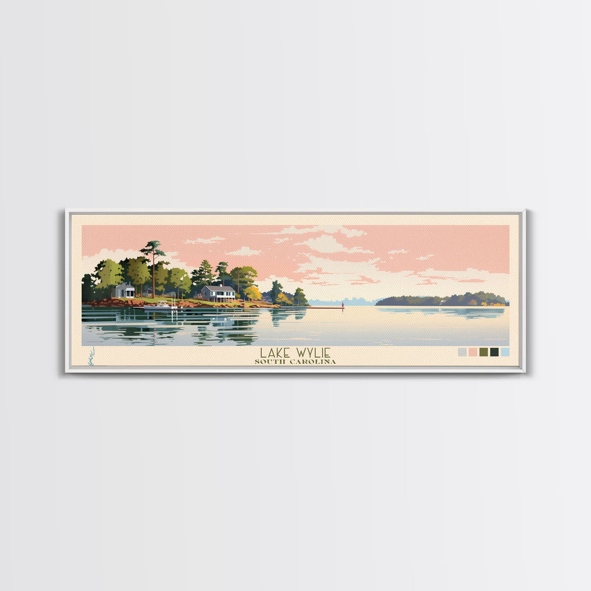 Lake Wylie, South Carolina Panoramic Wall Art Framed Canvas Print, Midcentury Modern, Pop Art, Home Decor, Travel Poster, Living Room Art