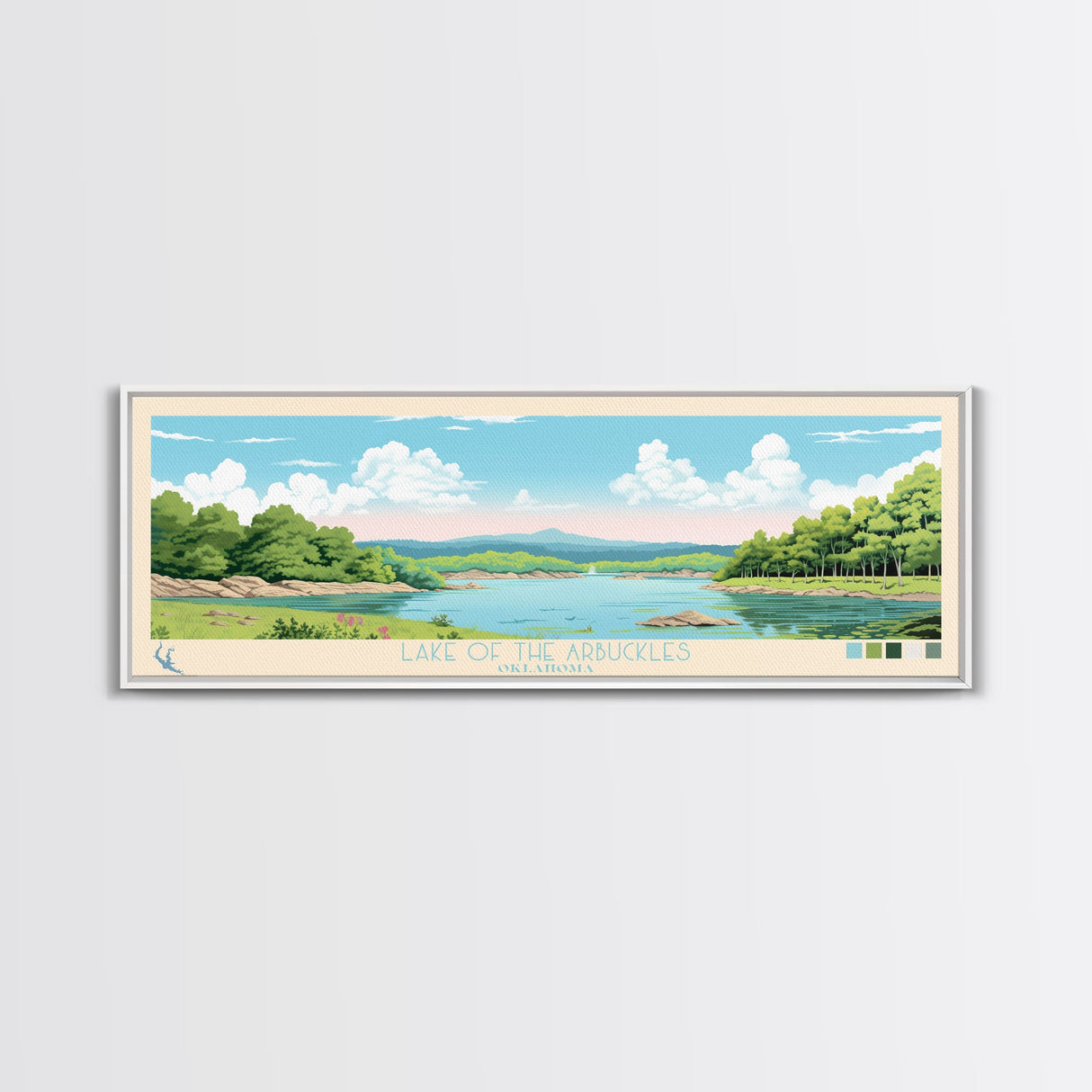 Lake of the Arbuckles Oklahoma Framed Canvas Print, Panoramic Wall Art, Midcentury Modern, Pop Art, Bedroom Art, Travel Poster, Lake House Decor