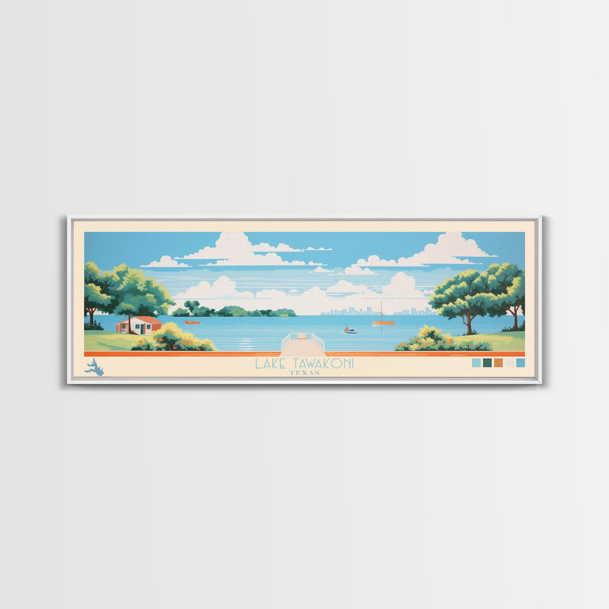 Lake Tawakoni, Texas Panoramic Wall Art Framed Canvas Print, Midcentury Modern, Pop Art, Home Decor, Travel Poster, Bedroom Art