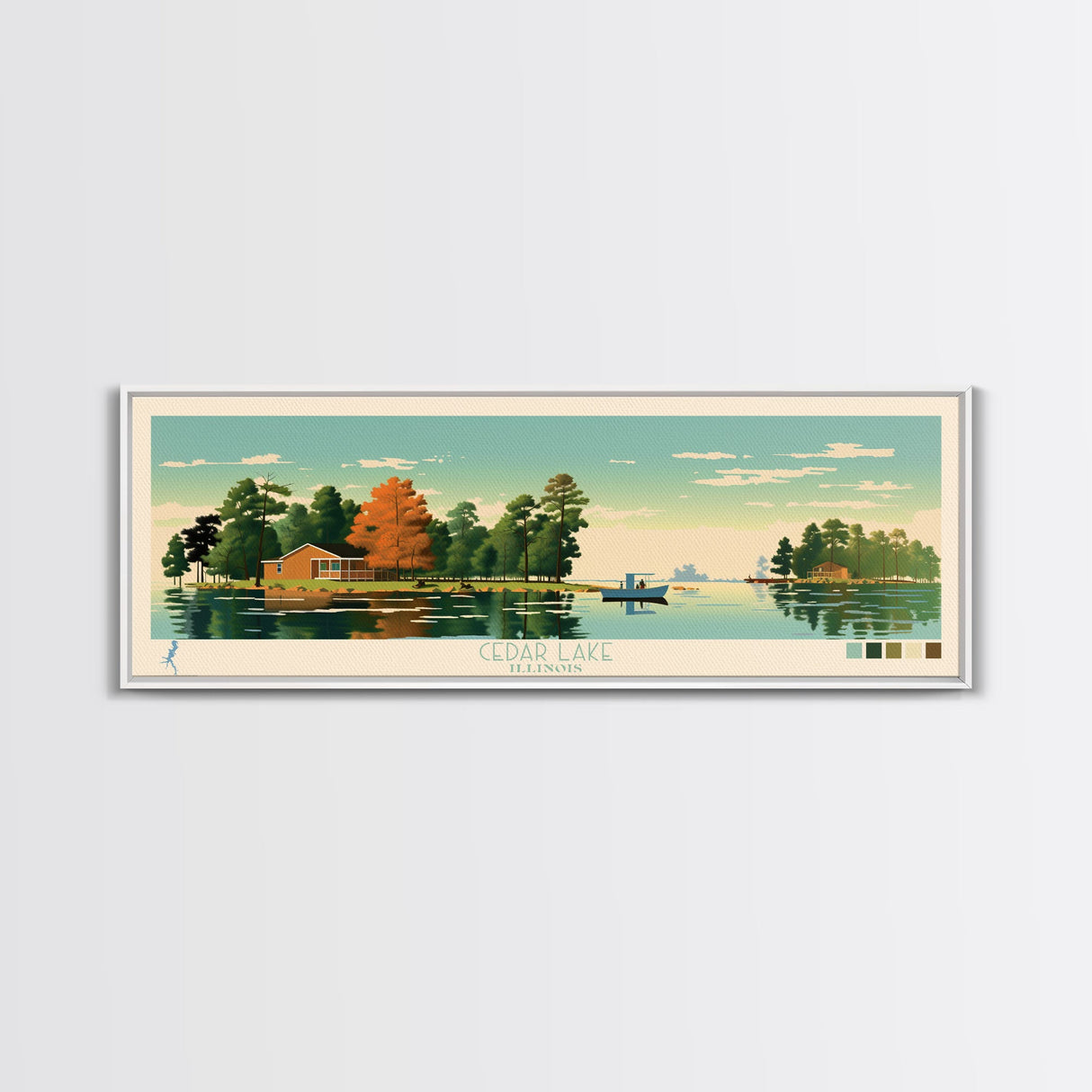 Lakes Cedar, Illinois Panoramic Wall Art Framed Canvas Print, Midcentury Modern, Pop Art, Home Decor, Travel Poster, Bedroom Art