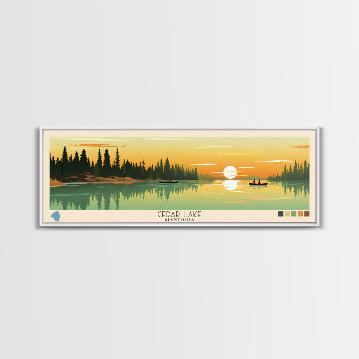 Lakes Cedar, Manitoba Panoramic Wall Art Framed Canvas Print, Midcentury Modern, Pop Art, Home Decor, Travel Poster, Living Room Art