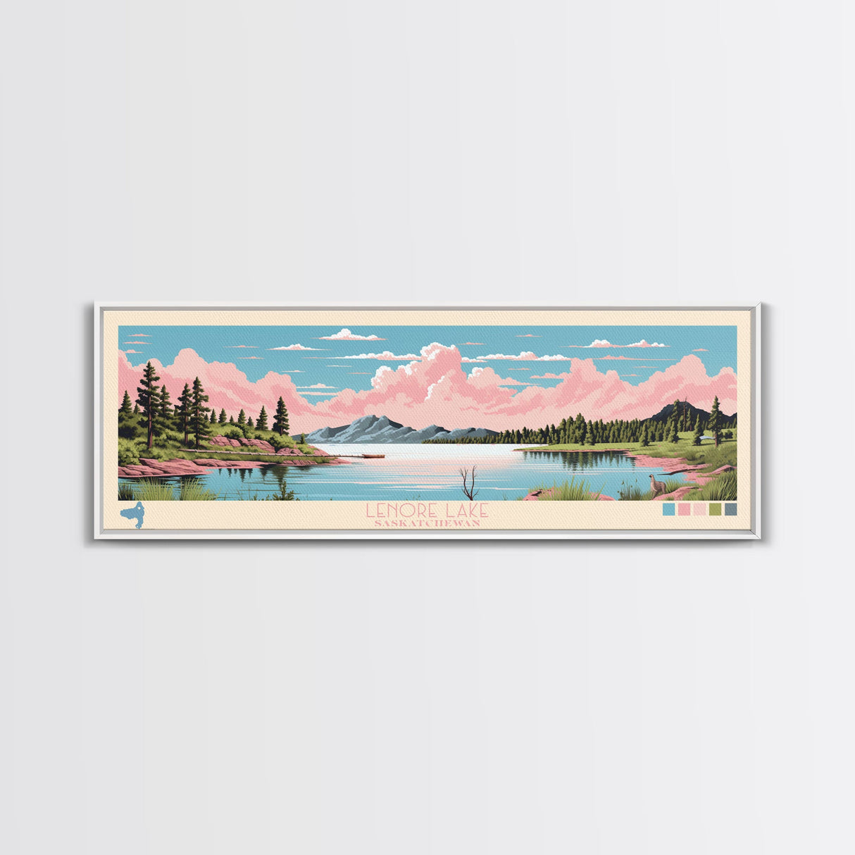 Leigh Lake, Wyoming Panoramic Wall Art Framed Canvas Print, Midcentury Modern, Pop Art, Home Decor, Travel Poster, Bedroom Art