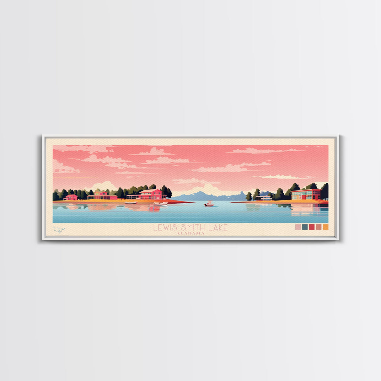 Lewis Smith Lake, Alabama Panoramic Wall Art Framed Canvas Print, Midcentury Modern, Pop Art, Home Decor, Travel Poster, Living Room Art