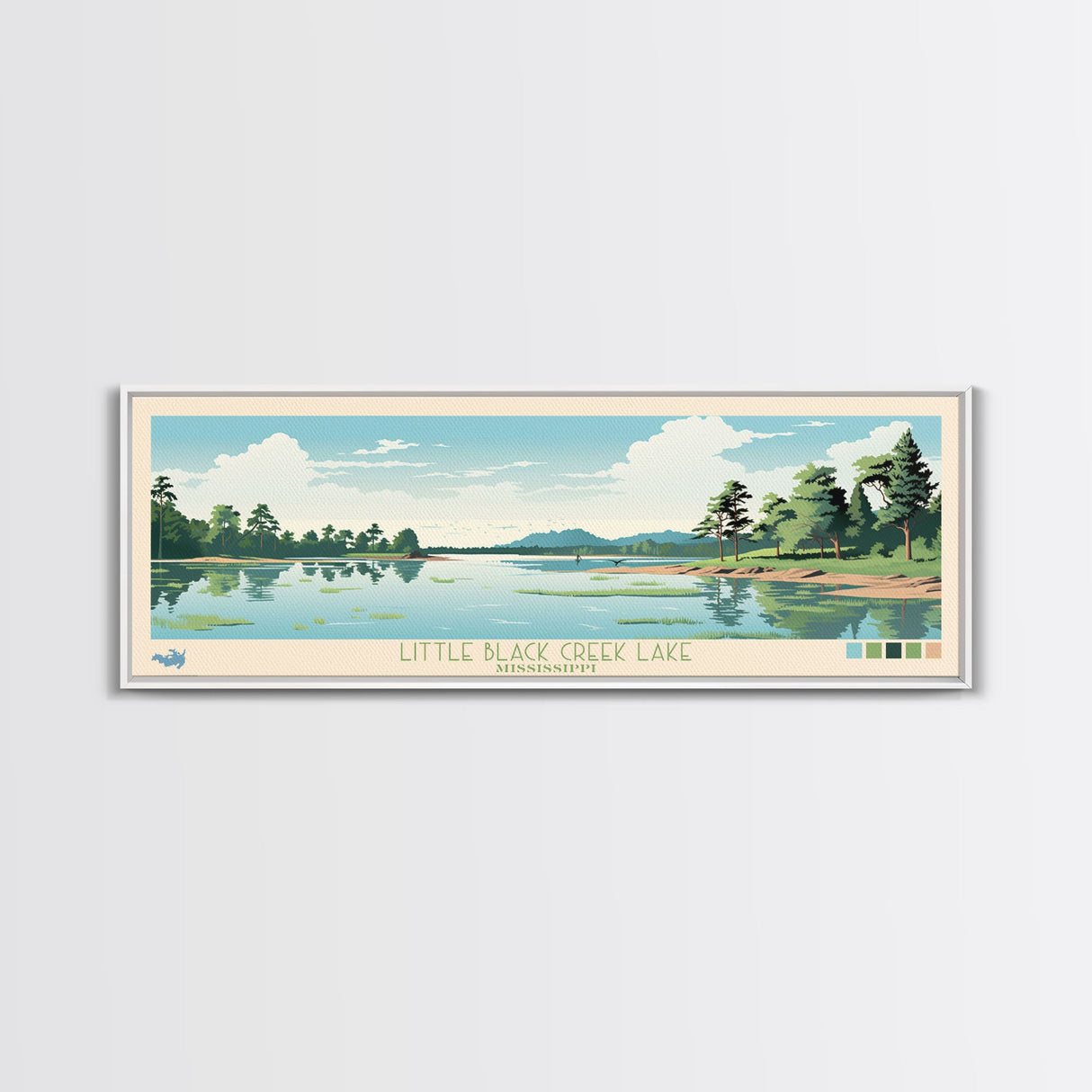 Little Black Creek Lake, Mississippi Panoramic Wall Art Framed Canvas Print, Midcentury Modern, Pop Art, Home Decor, Travel Poster, Bedroom Art