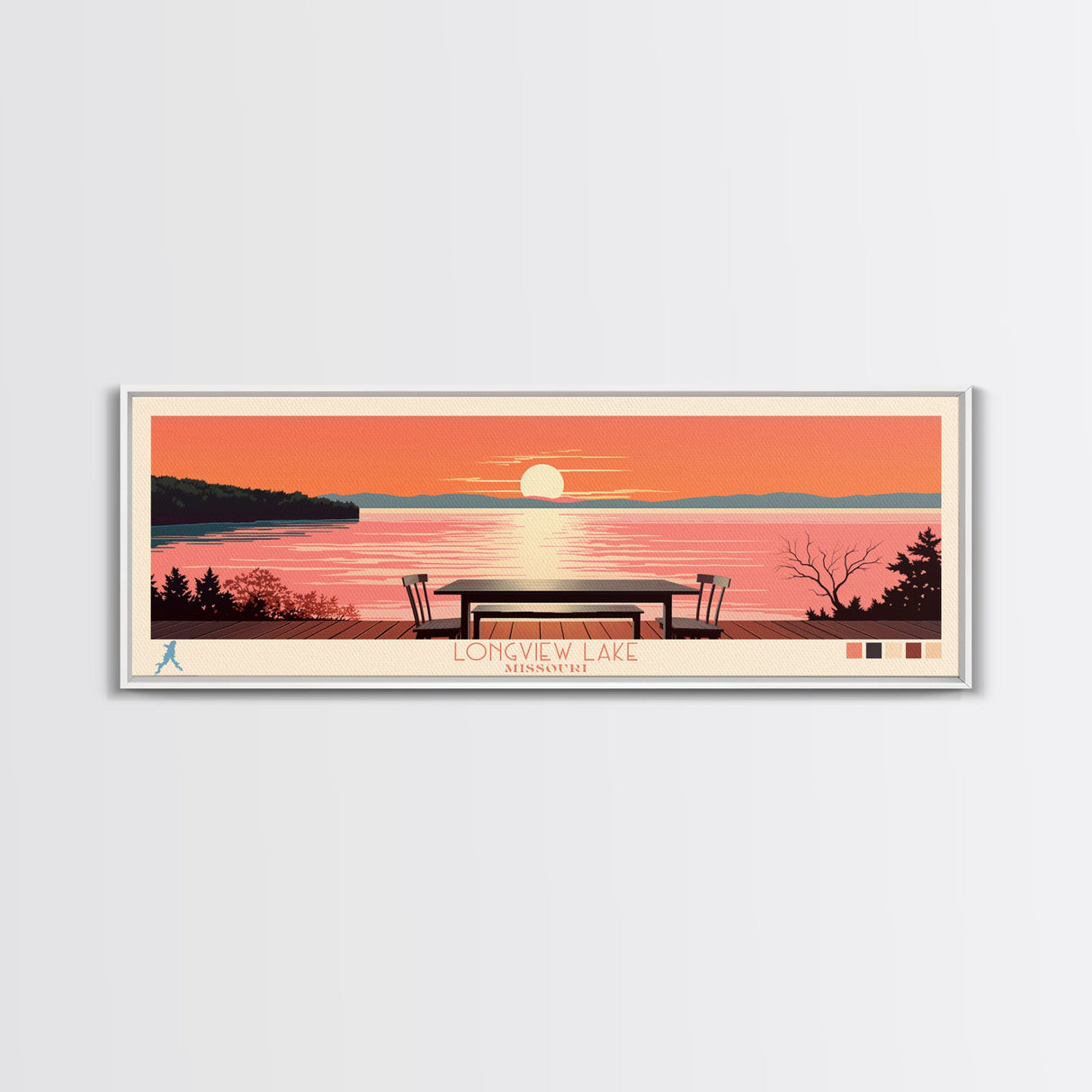 Longview Lake, Missouri Panoramic Wall Art Framed Canvas Print, Midcentury Modern, Pop Art, Home Decor, Travel Poster, Living Room Art