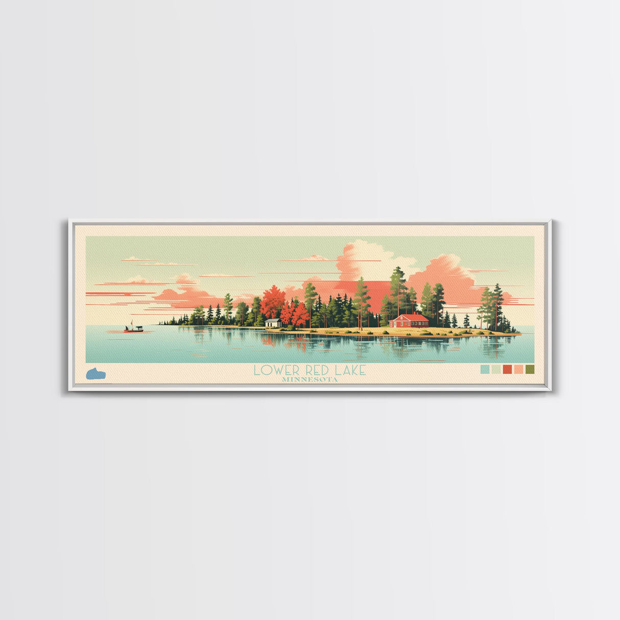 Lower Red Lake, Minnesota Panoramic Wall Art Framed Canvas Print, Midcentury Modern, Pop Art, Home Decor, Travel Poster, Living Room Art