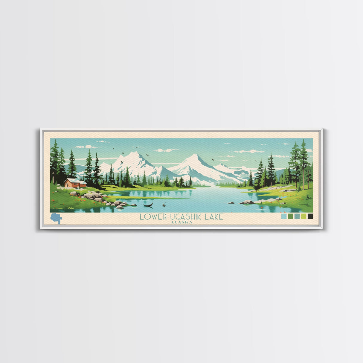 Lower Ugashik Lake, Alaska Panoramic Wall Art Framed Canvas Print, Midcentury Modern, Pop Art, Home Decor, Travel Poster, Bedroom Art