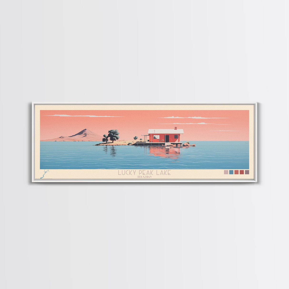 Lucky Peak Lake, Idaho Panoramic Wall Art Framed Canvas Print, Midcentury Modern, Pop Art, Home Decor, Travel Poster, Bedroom Art