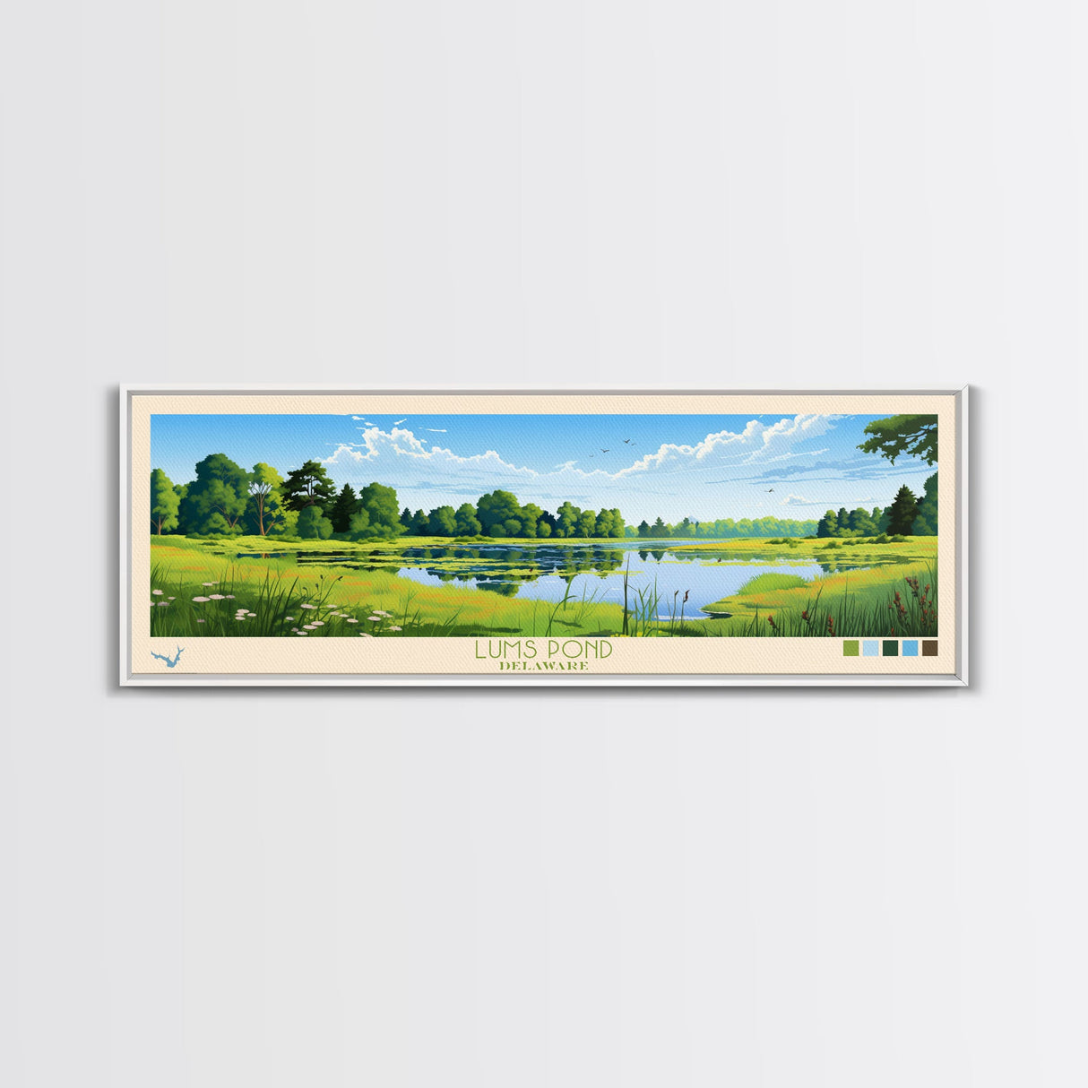 Lums Pond, Delaware Panoramic Wall Art Framed Canvas Print, Midcentury Modern, Pop Art, Home Decor, Travel Poster, Living Room Art