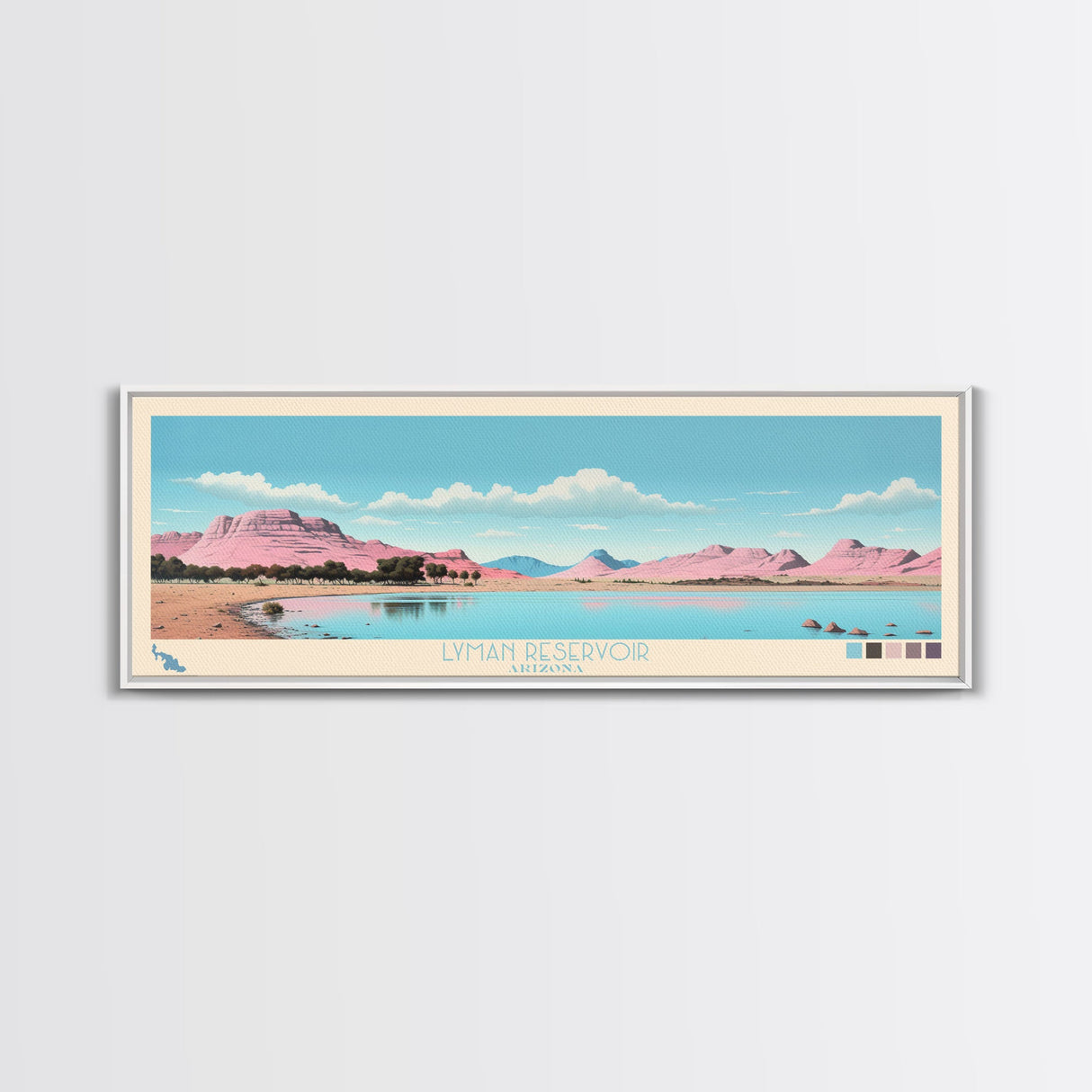 Lyman Reservoir, Arizona Panoramic Wall Art Framed Canvas Print, Midcentury Modern, Pop Art, Home Decor, Travel Poster, Bedroom Art