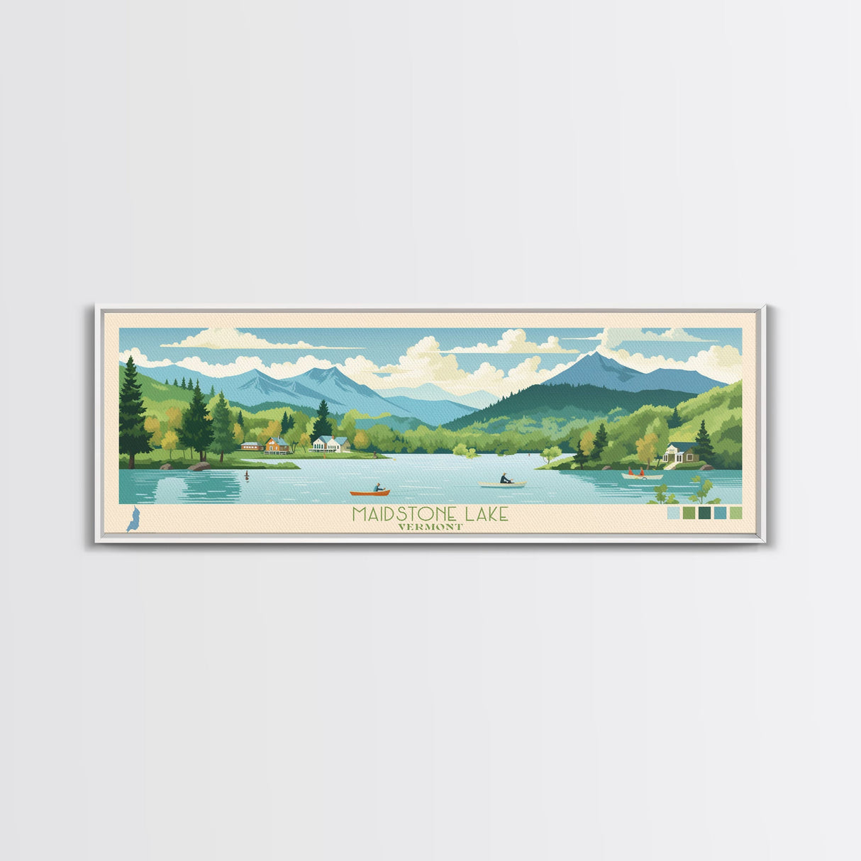 Maidstone Lake, Vermont Panoramic Wall Art Framed Canvas Print, Midcentury Modern, Pop Art, Home Decor, Travel Poster, Bedroom Art