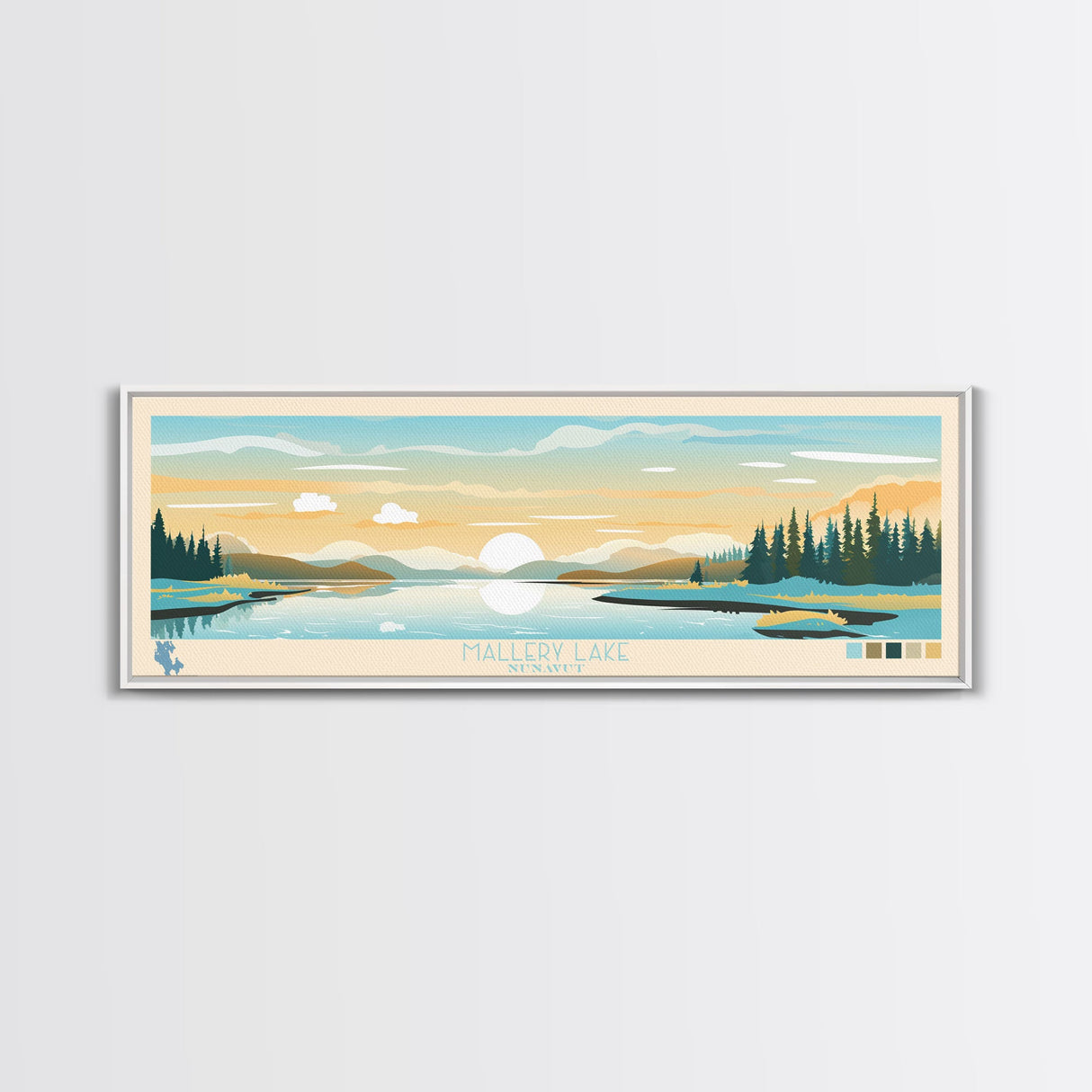 Mallery Lake, Nunavut Panoramic Wall Art Framed Canvas Print, Midcentury Modern, Pop Art, Home Decor, Travel Poster, Bedroom Art