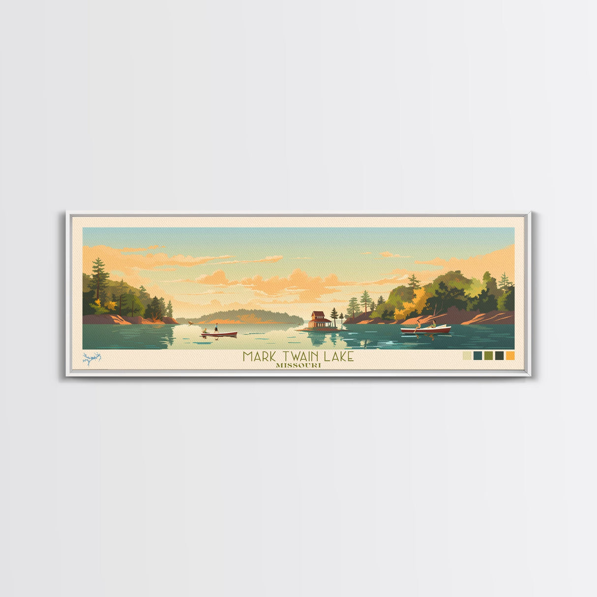 Mark Twain Lake, Missouri Panoramic Wall Art Framed Canvas Print, Midcentury Modern, Pop Art, Home Decor, Travel Poster, Bedroom Art