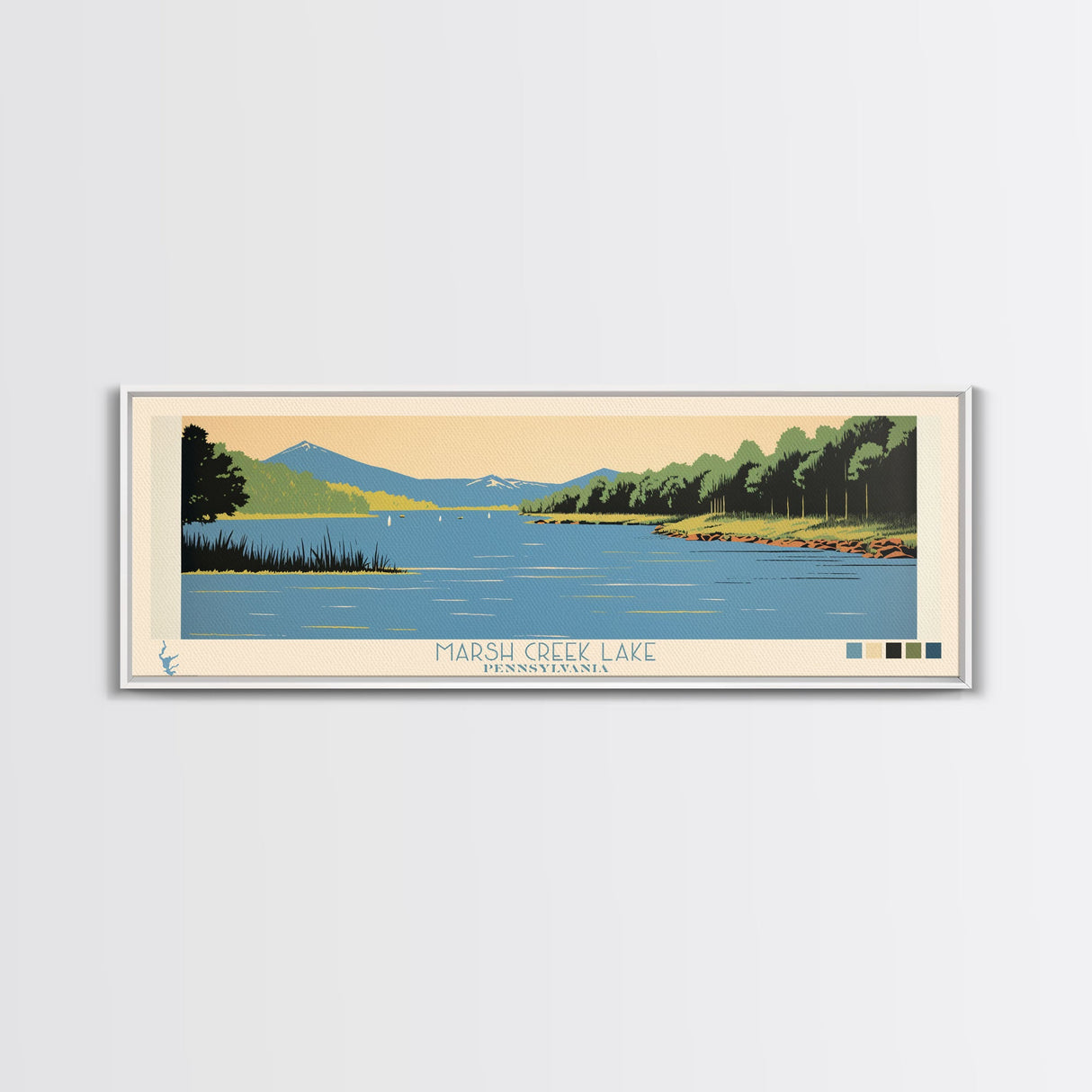 Marsh Creek Lake, Pennsylvania Panoramic Wall Art Framed Canvas Print, Midcentury Modern, Pop Art, Home Decor, Travel Poster, Bedroom Art