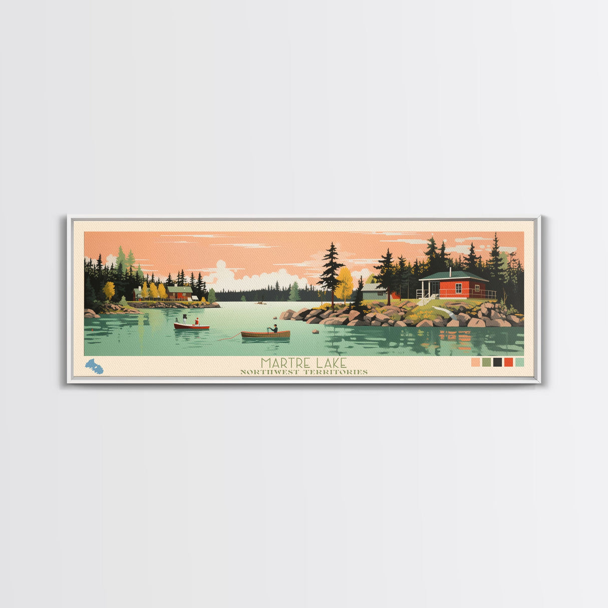 Martre Lake, Northwest Territories Panoramic Wall Art Framed Canvas Print, Midcentury Modern, Pop Art, Home Decor, Travel Poster, Living Room Art