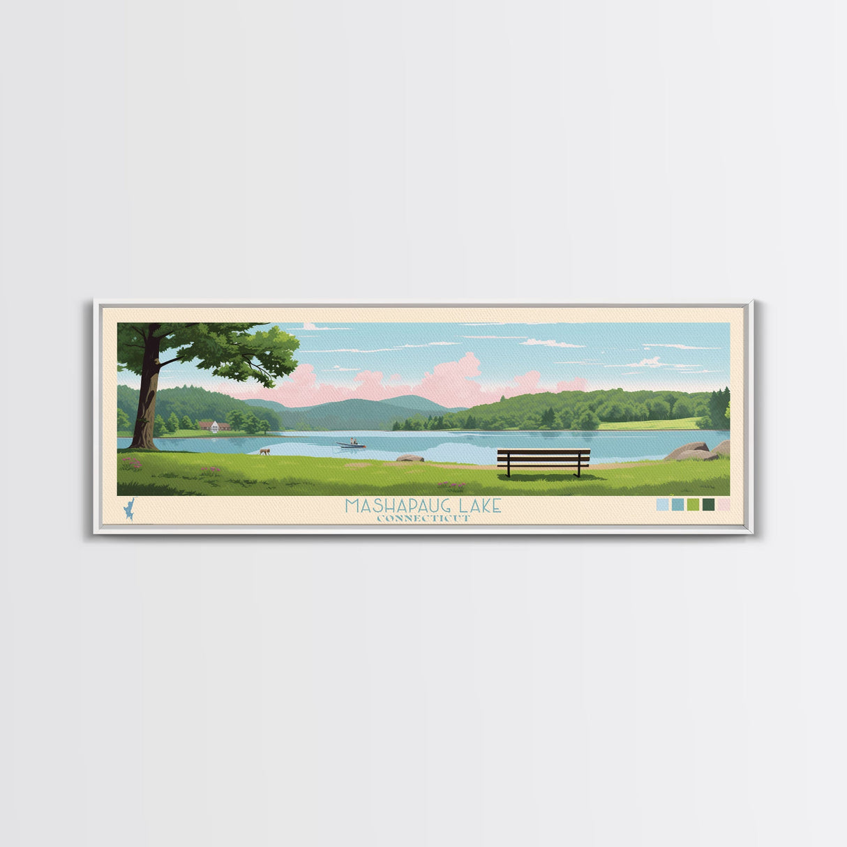 Mashapaug Lake, Connecticut Panoramic Wall Art Framed Canvas Print, Midcentury Modern, Pop Art, Home Decor, Travel Poster, Living Room Art