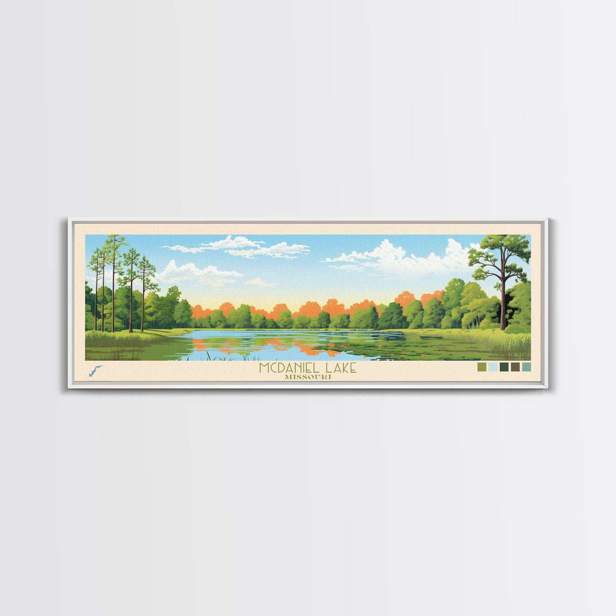 McDaniel Lake, Missouri Panoramic Wall Art Framed Canvas Print, Midcentury Modern, Pop Art, Home Decor, Travel Poster, Living Room Art