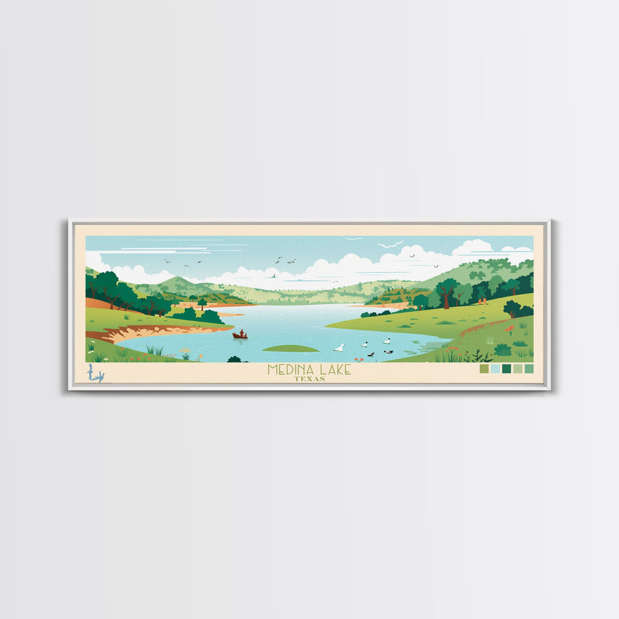 Medina Lake, Texas Panoramic Wall Art Framed Canvas Print, Midcentury Modern, Pop Art, Home Decor, Travel Poster, Bedroom Art