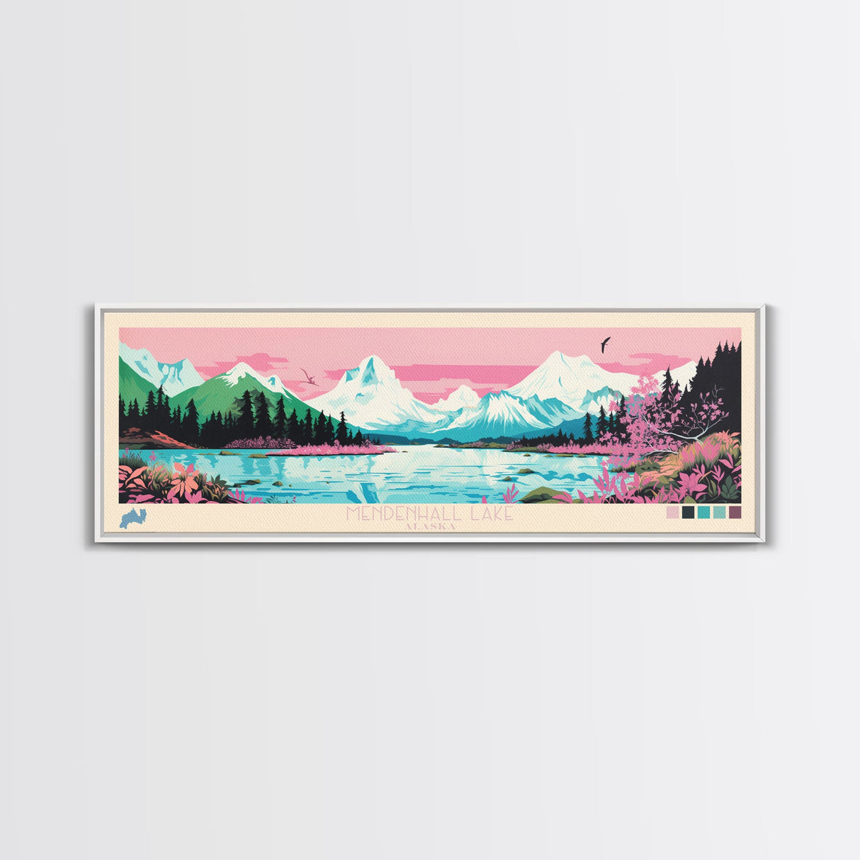 Mendenhall Lake, Alaska Panoramic Wall Art Framed Canvas Print, Midcentury Modern, Pop Art, Home Decor, Travel Poster, Living Room Art