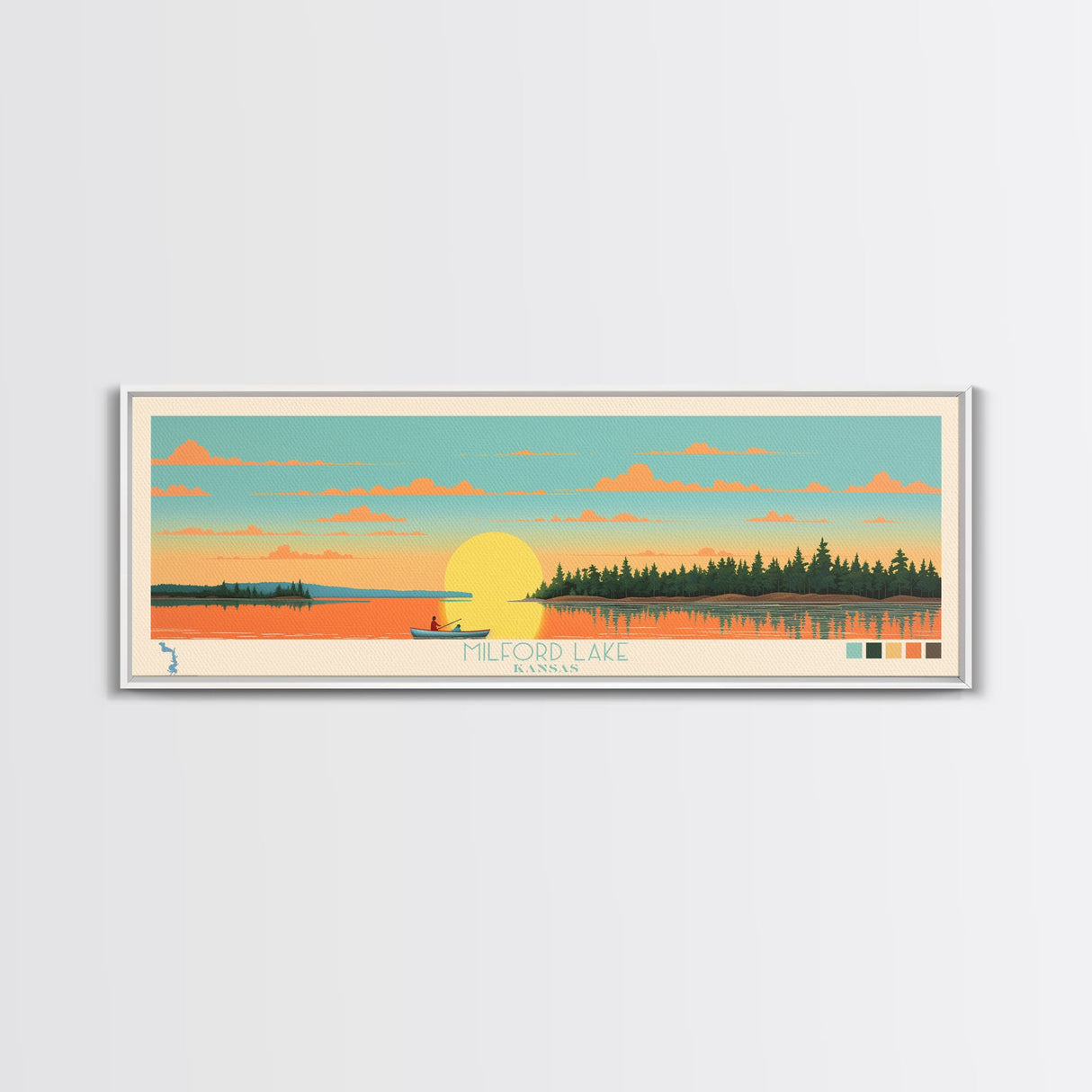 Milford Lake, Kansas Panoramic Wall Art Framed Canvas Print, Midcentury Modern, Pop Art, Home Decor, Travel Poster, Living Room Art