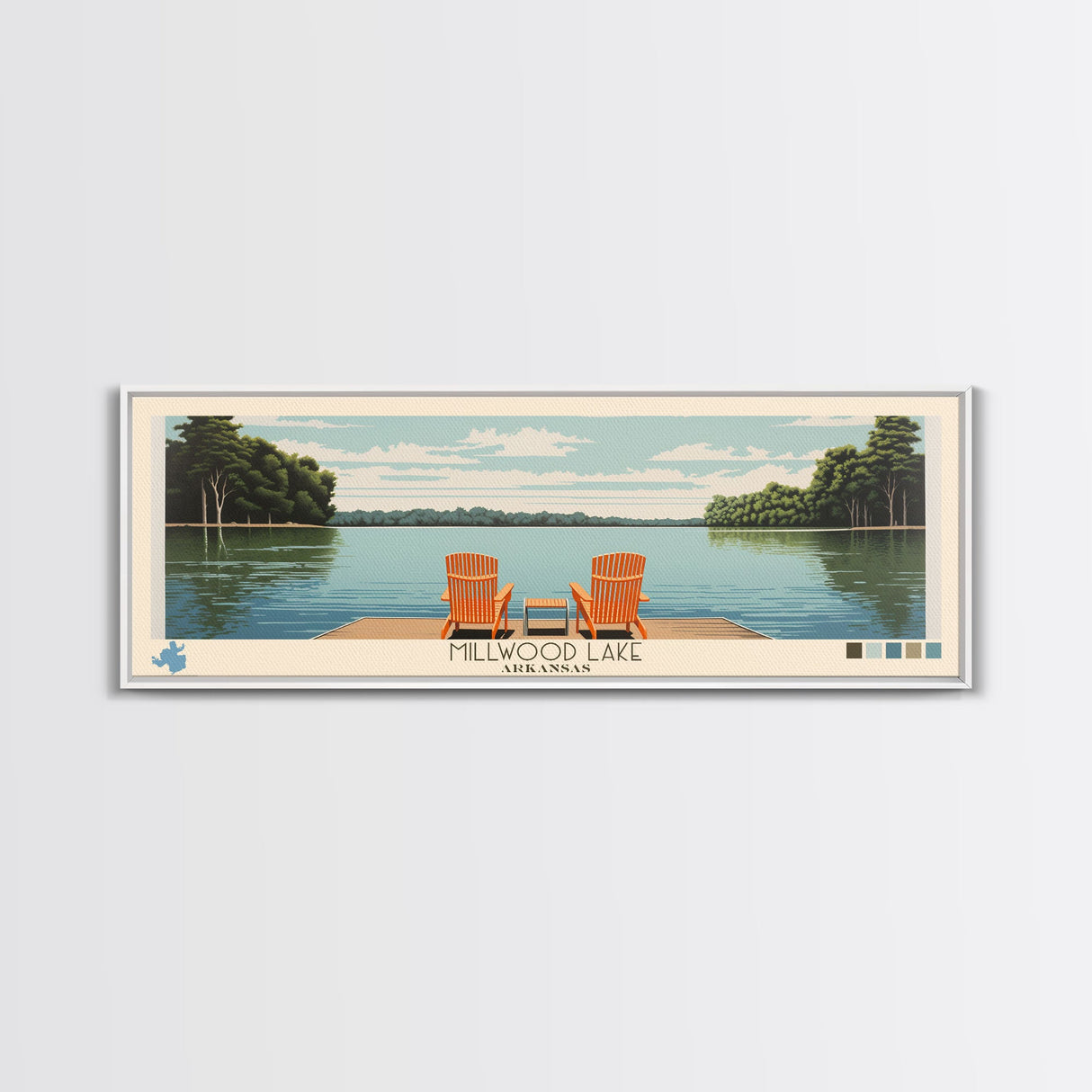 Millwood Lake, Arkansas Framed Canvas Print, Panoramic Wall Art, Midcentury Modern, Pop Art, Home Decor, Travel Poster, Bedroom Art