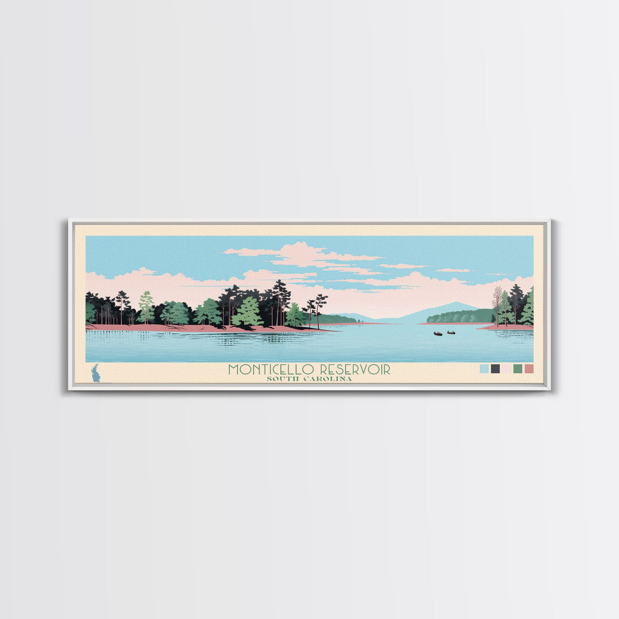 Monticello Reservoir, South Carolina Framed Canvas Print, Panoramic Wall Art, Midcentury Modern, Pop Art, Home Decor, Travel Poster, Bedroom Art