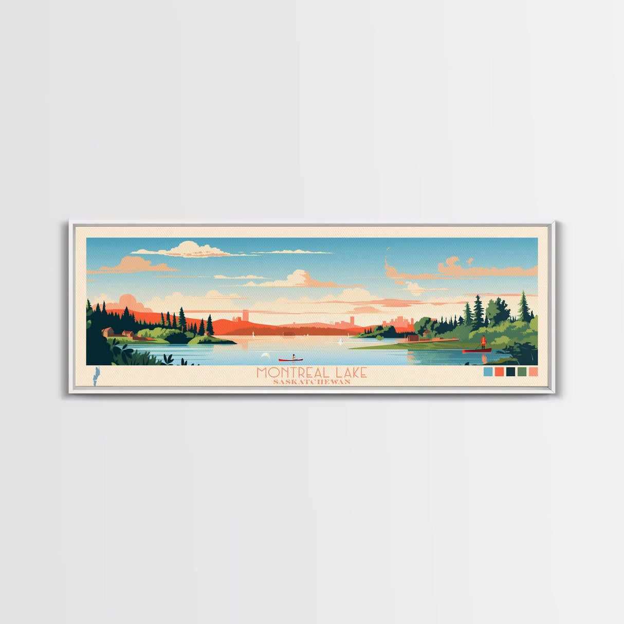 Montreal Lake, Saskatchewan Framed Canvas Print, Panoramic Wall Art, Midcentury Modern, Pop Art, Home Decor, Travel Poster, Living Room Art