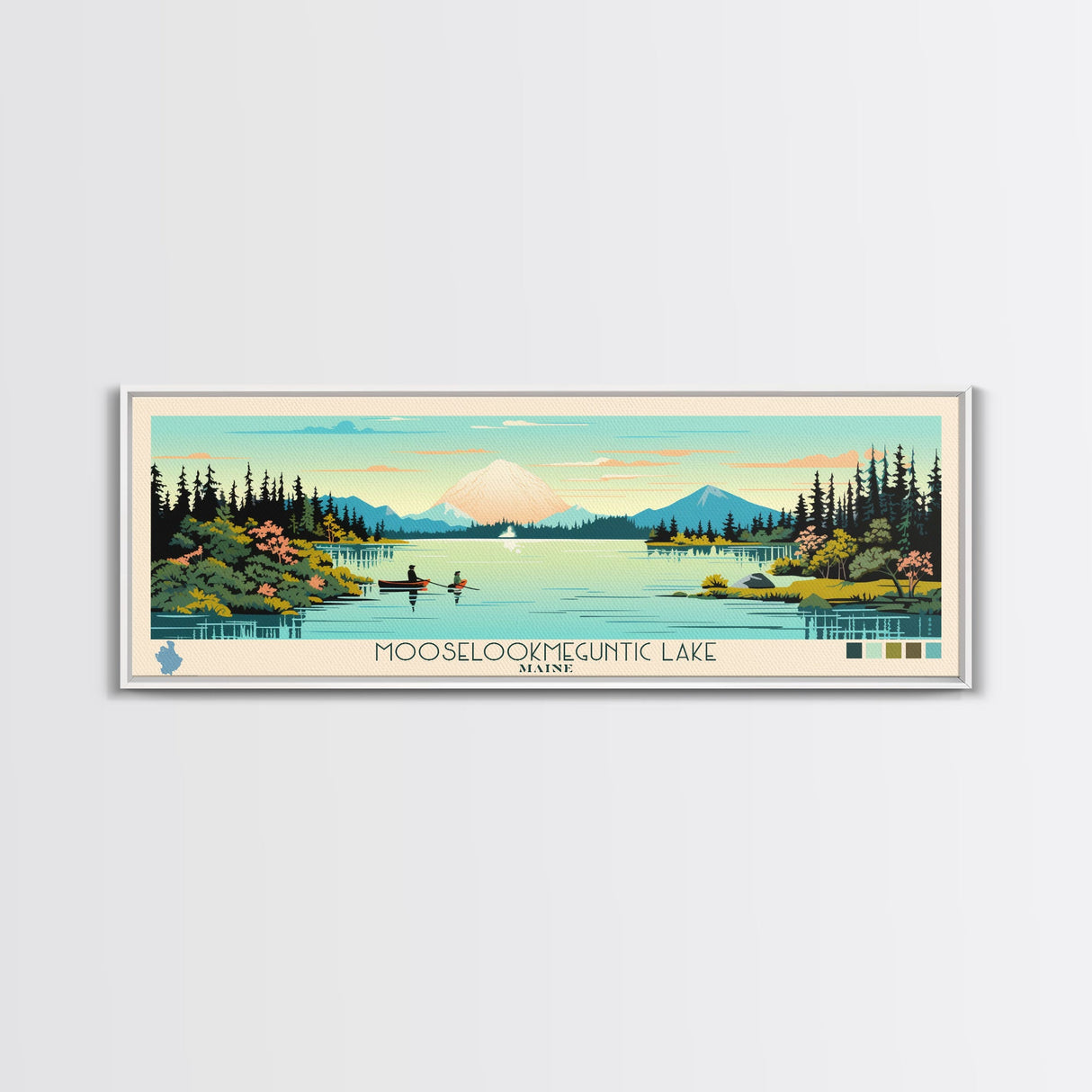 Mooselookmeguntic Lake, Maine Framed Canvas Print, Panoramic Wall Art, Midcentury Modern, Pop Art, Home Decor, Travel Poster, Living Room Art