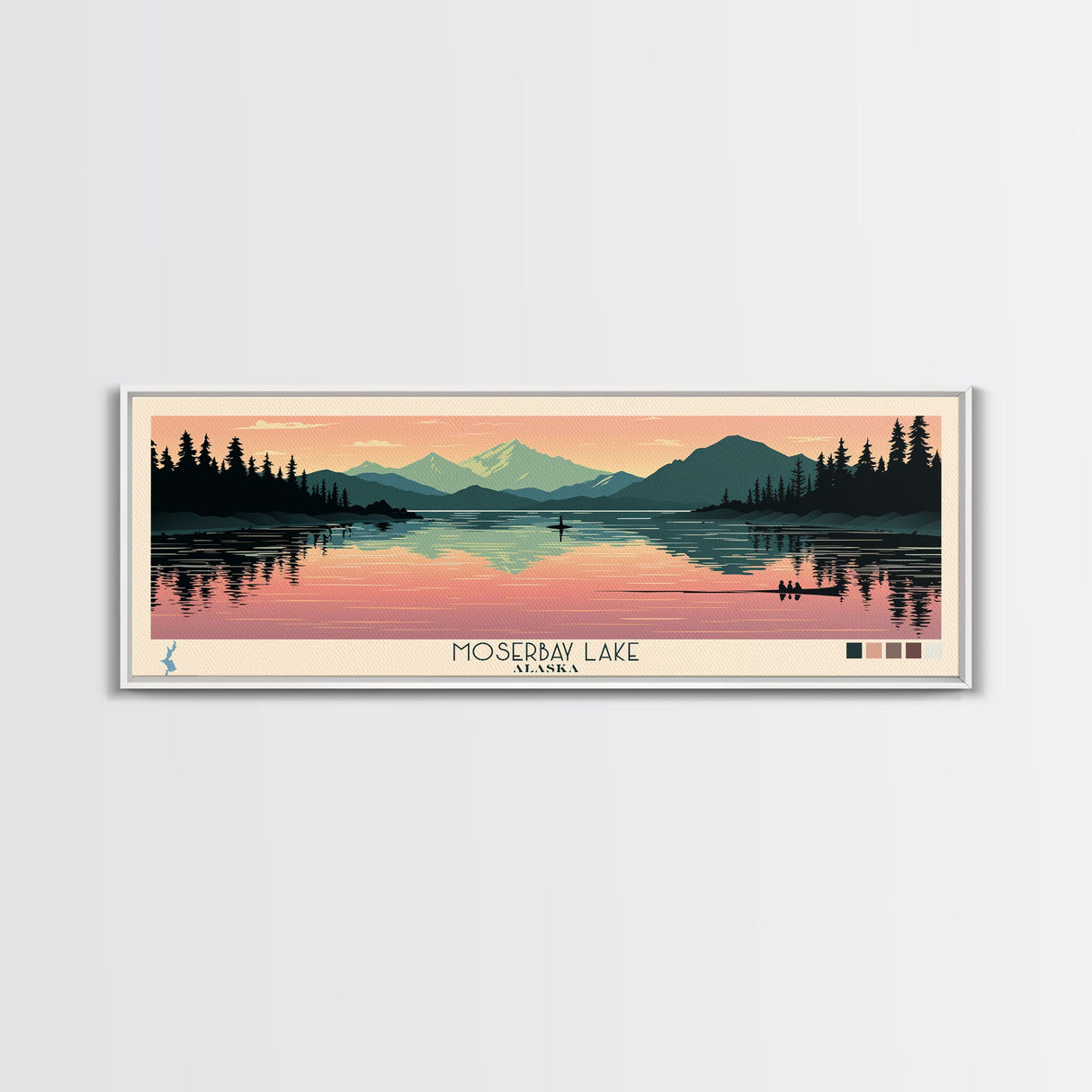 Moser Bay Lake, Alaska Framed Canvas Print, Panoramic Wall Art, Midcentury Modern, Pop Art, Home Decor, Travel Poster, Living Room Art