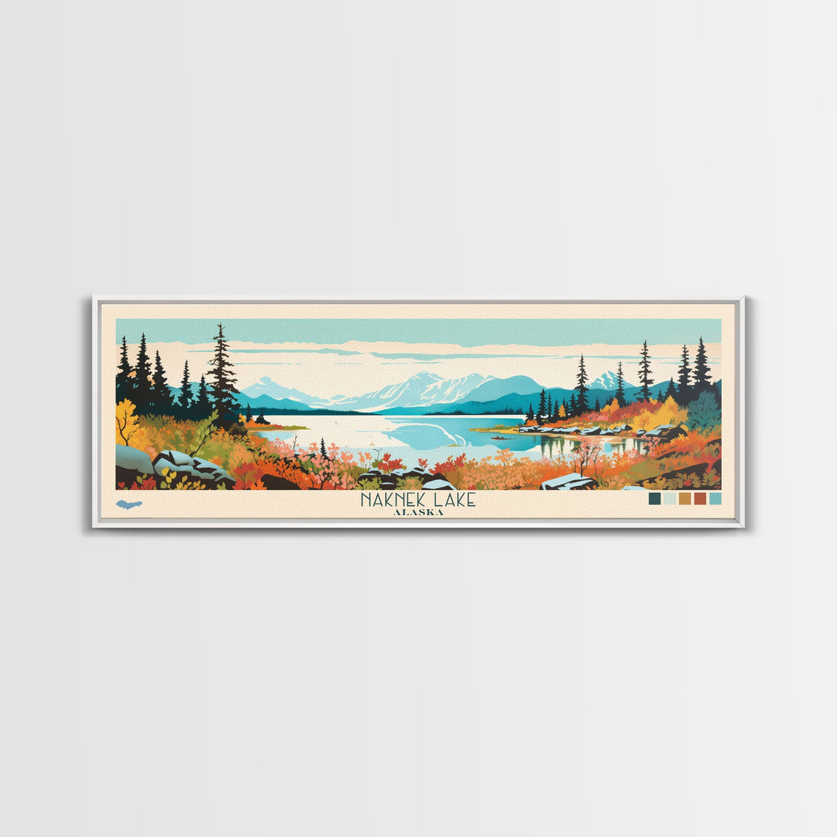 Naknek Lake, Alaska Framed Canvas Print, Panoramic Wall Art, Midcentury Modern, Pop Art, Home Decor, Travel Poster, Living Room Art