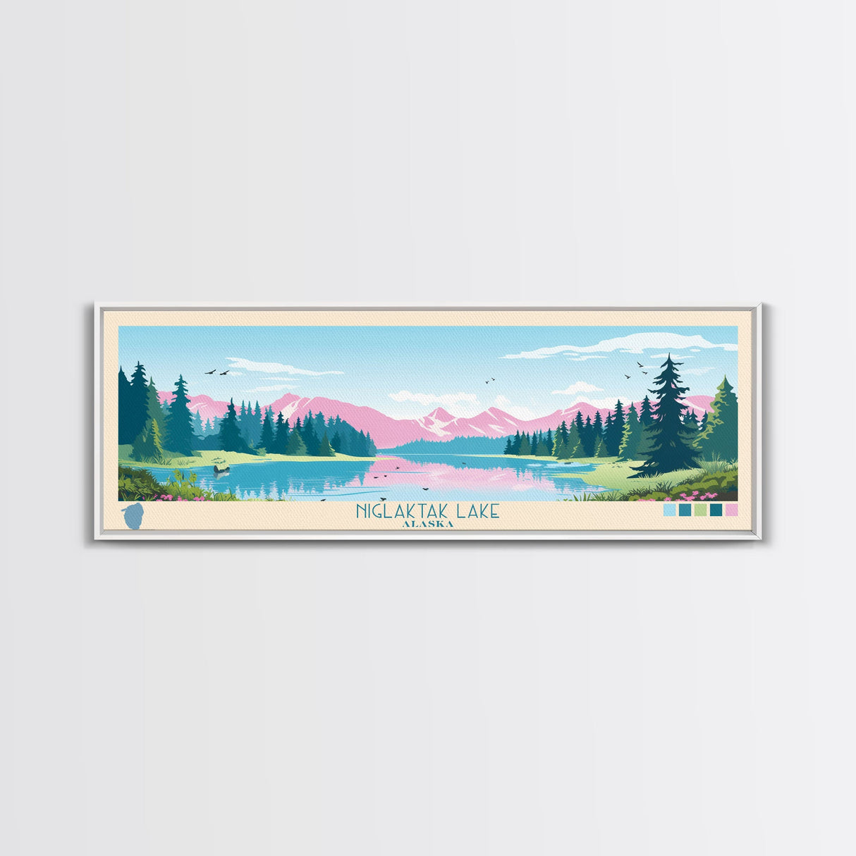 Niglaktak Lake, Alaska Framed Canvas Print, Panoramic Wall Art, Midcentury Modern, Pop Art, Home Decor, Travel Poster, Bedroom Art