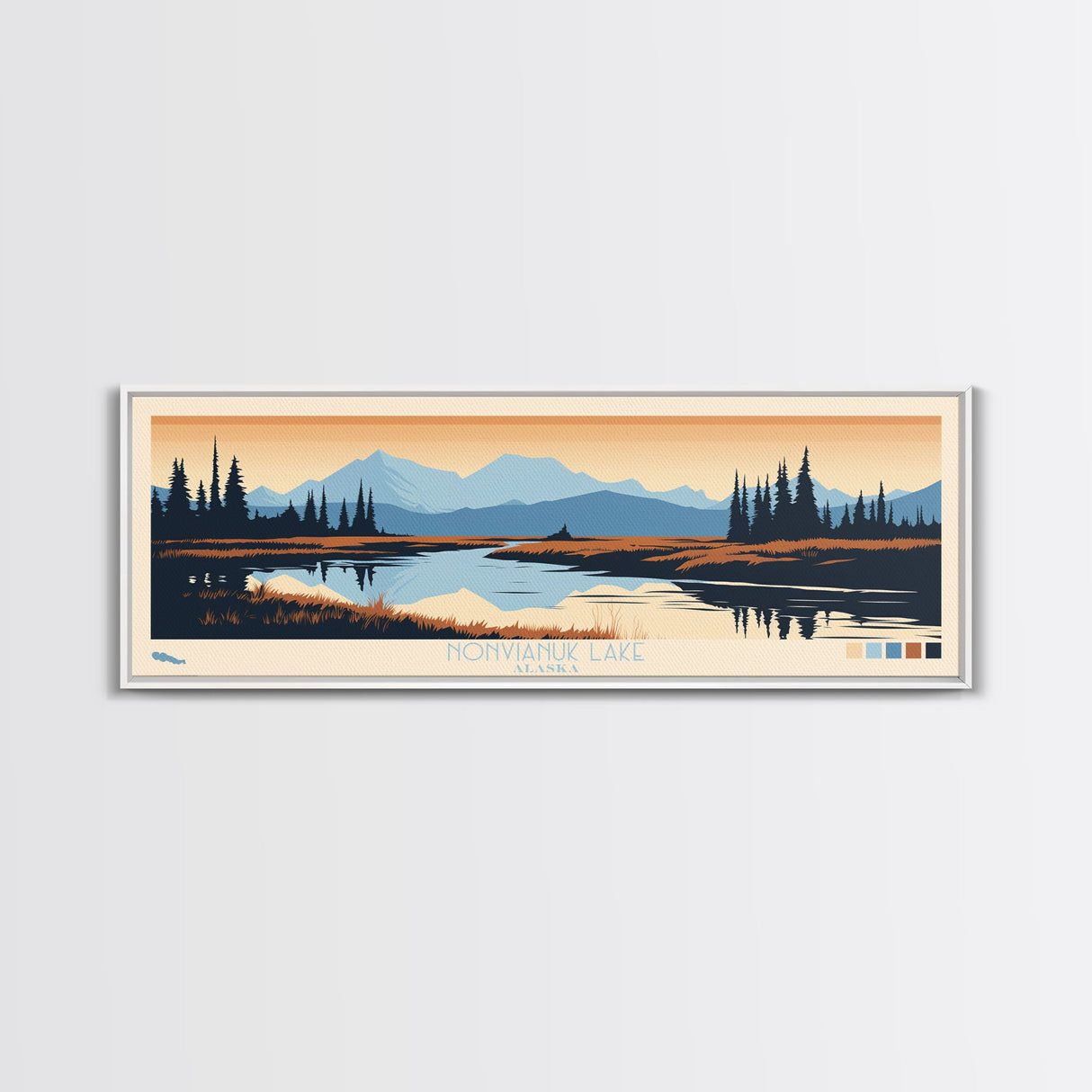 Nonvianuk Lake, Alaska Framed Canvas Print, Panoramic Wall Art, Midcentury Modern, Pop Art, Home Decor, Travel Poster, Living Room Art