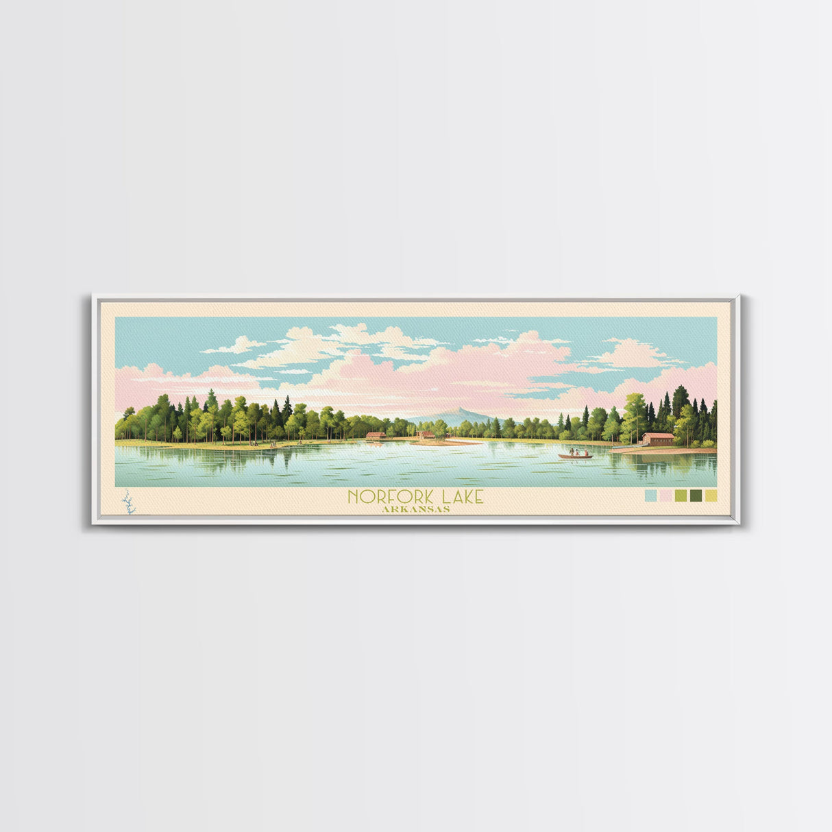 Norfork Lake, Arkansas Framed Canvas Print, Panoramic Wall Art, Midcentury Modern, Pop Art, Home Decor, Travel Poster, Bedroom Art