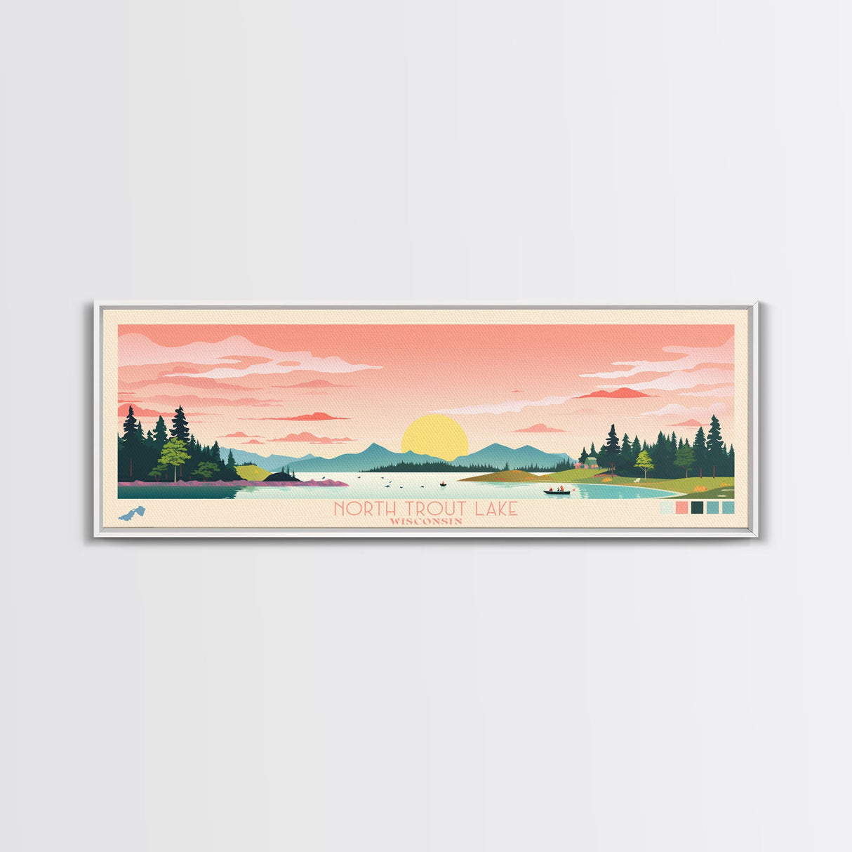 North South Lake, New York Framed Canvas Print, Panoramic Wall Art, Midcentury Modern, Pop Art, Home Decor, Travel Poster, Bedroom Art