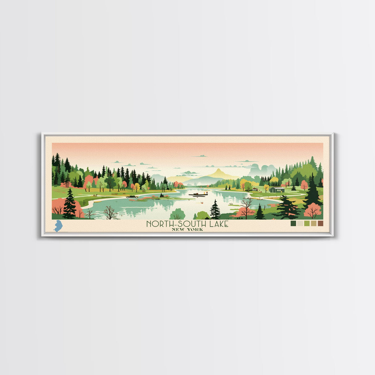 North Trout Lake, Wisconsin Framed Canvas Print, Panoramic Wall Art, Midcentury Modern, Pop Art, Home Decor, Travel Poster, Living Room Art