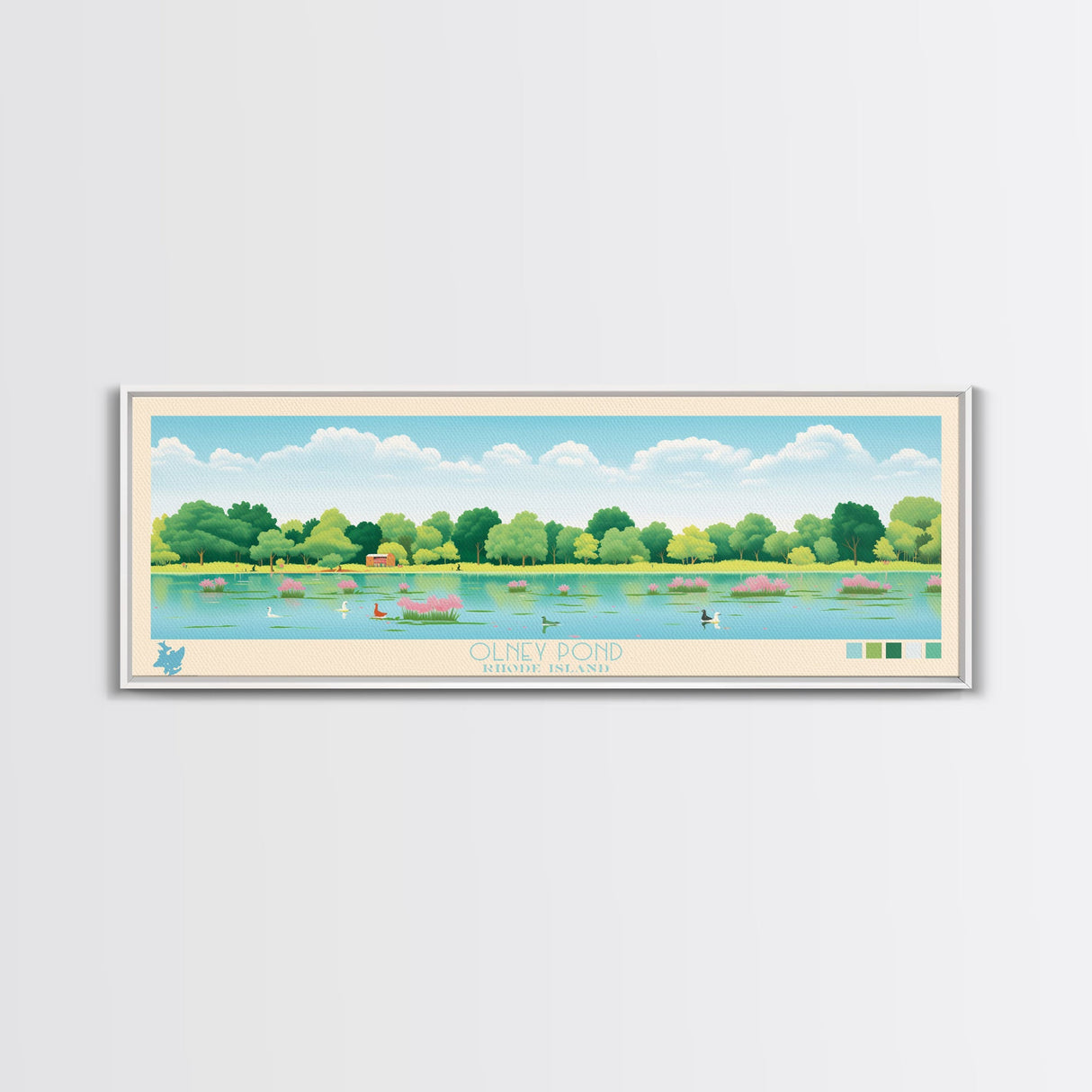 Olney Pond, Rhode Island Framed Canvas Print, Panoramic Wall Art, Midcentury Modern, Pop Art, Home Decor, Travel Poster, Living Room Art