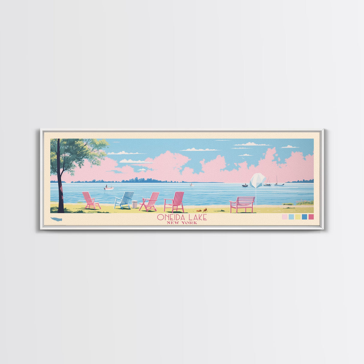 Oneida Lake, New York Framed Canvas Print, Panoramic Wall Art, Midcentury Modern, Pop Art, Home Decor, Travel Poster, Bedroom Art