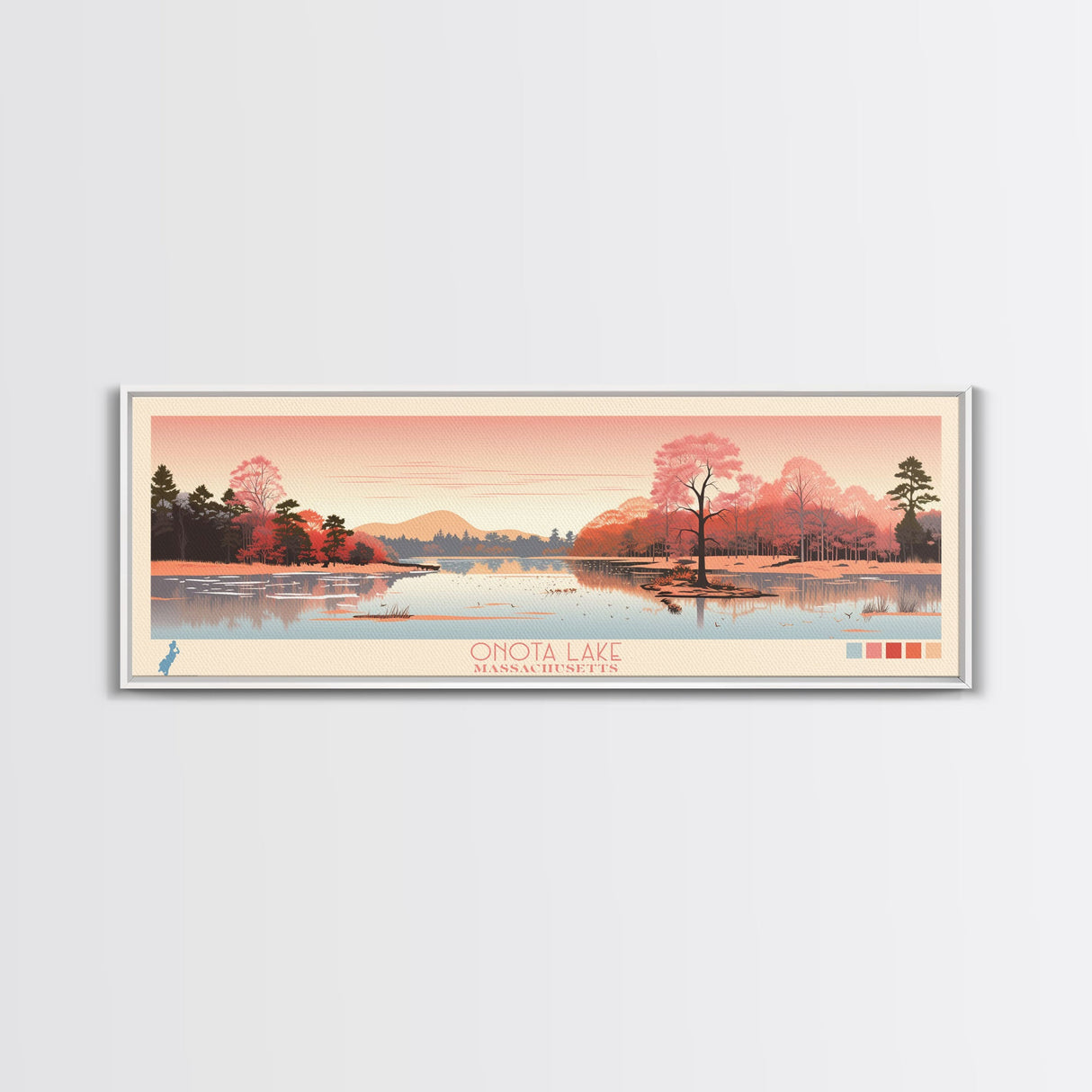 Onota Lake, Massachusetts Framed Canvas Print, Panoramic Wall Art, Midcentury Modern, Pop Art, Home Decor, Travel Poster, Living Room Art