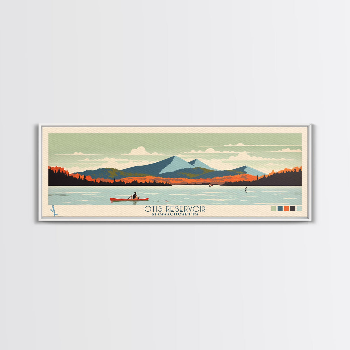 Otis Reservoir, Massachusetts Framed Canvas Print, Panoramic Wall Art, Midcentury Modern, Pop Art, Home Decor, Travel Poster, Living Room Art