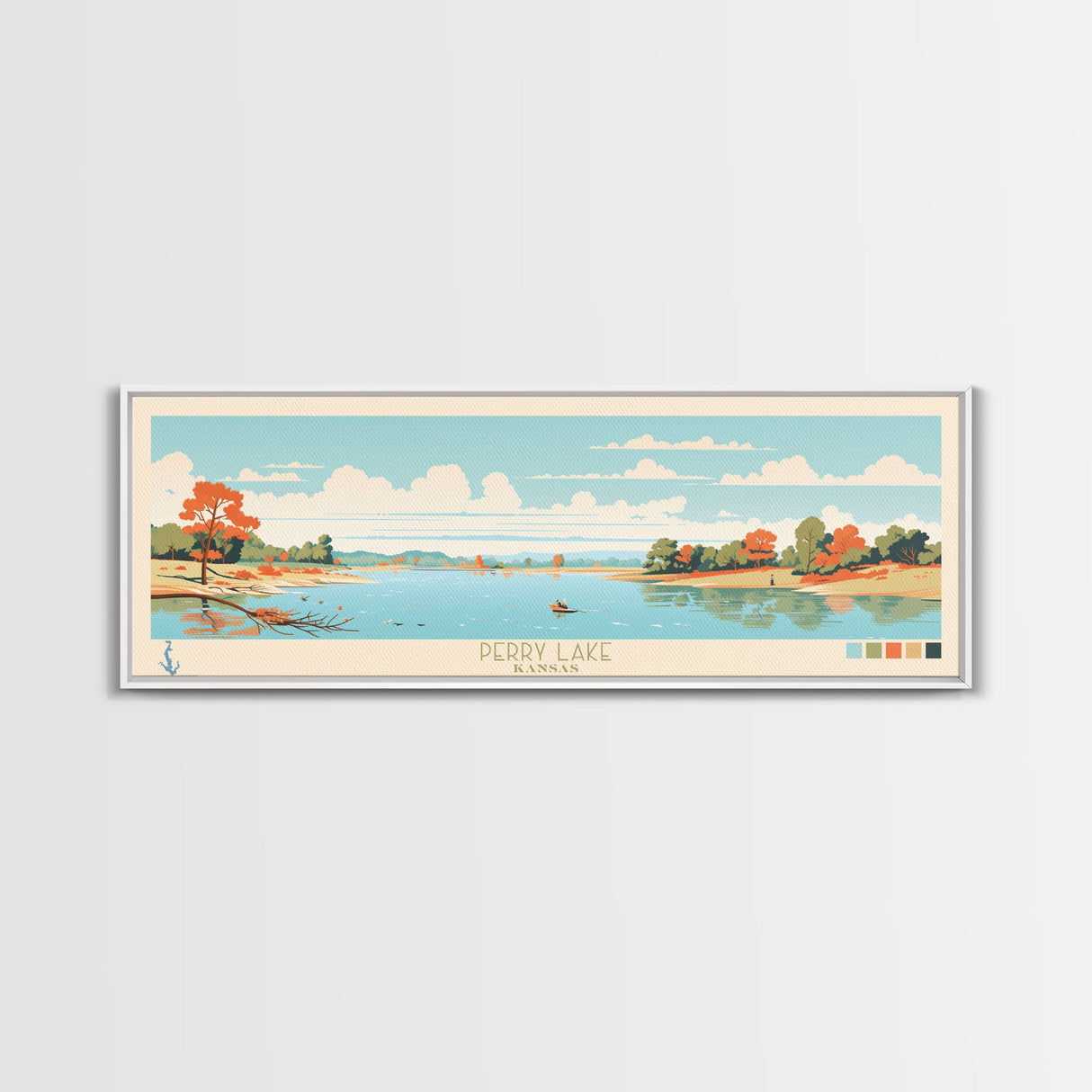 Perry Lake, Kansas Framed Canvas Print, Panoramic Wall Art, Midcentury Modern, Pop Art, Home Decor, Travel Poster, Living Room Art