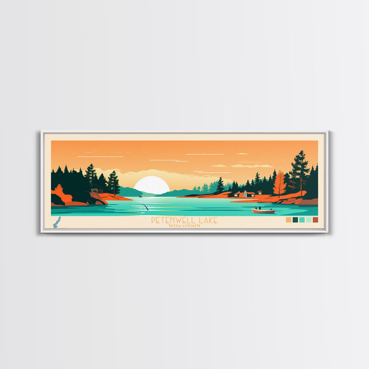 Petenwell Lake, Wisconsin Framed Canvas Print, Panoramic Wall Art, Midcentury Modern, Pop Art, Home Decor, Travel Poster, Bedroom Art