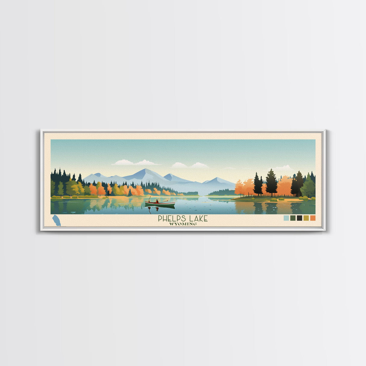 Phelps Lake, Wyoming Framed Canvas Print, Panoramic Wall Art, Midcentury Modern, Pop Art, Home Decor, Travel Poster, Bedroom Art