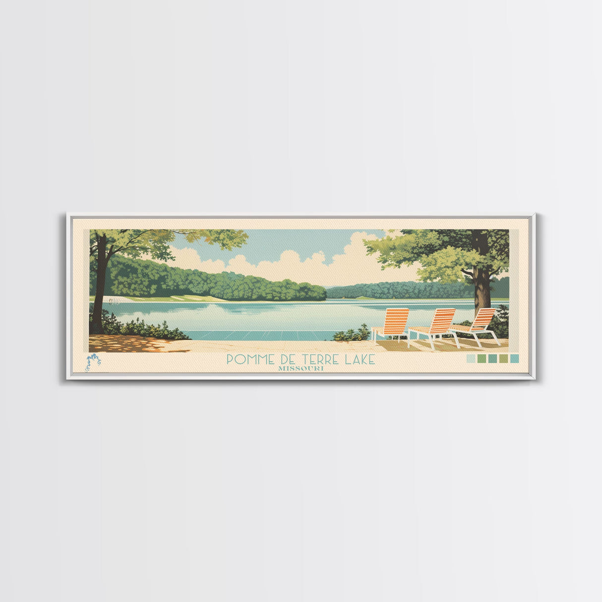 Pomme de Terre Lake, Missouri Framed Canvas Print, Living Room Art, Midcentury Modern, Pop Art, Panoramic Travel Poster, Wall Decor