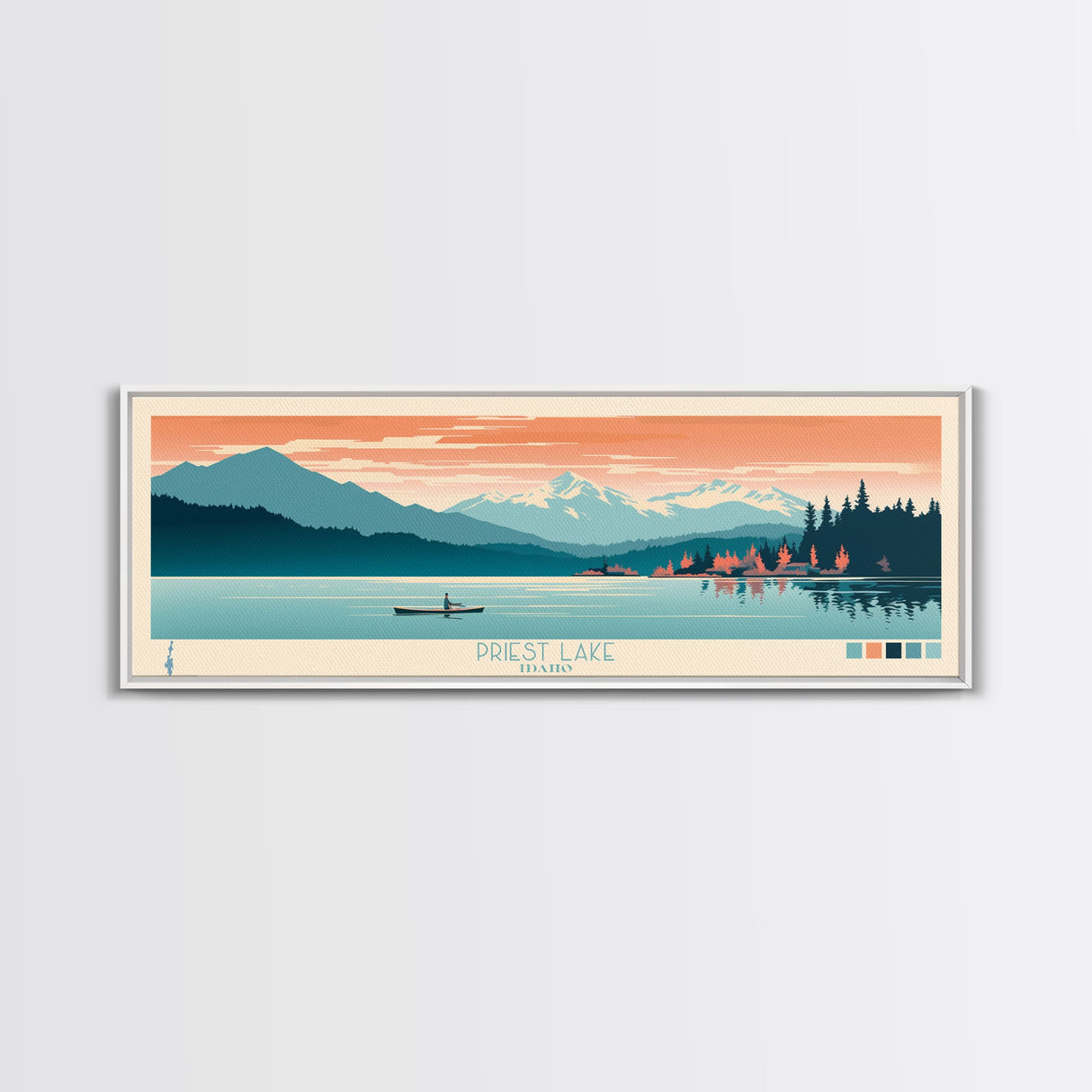 Priest Lake, Idaho Framed Canvas Print, Bedroom Art, Midcentury Modern, Pop Art, Panoramic Wall Art, Travel Poster