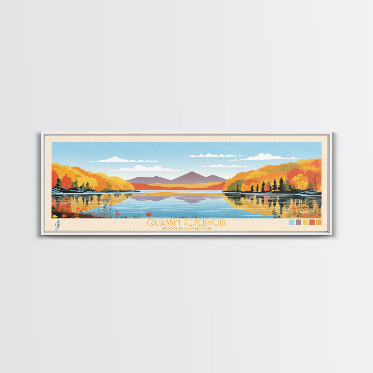 Quabbin Reservoir, Massachusetts Framed Canvas Print, Bedroom Art, Midcentury Modern, Panoramic Travel Poster, Pop Art, Wall Decor